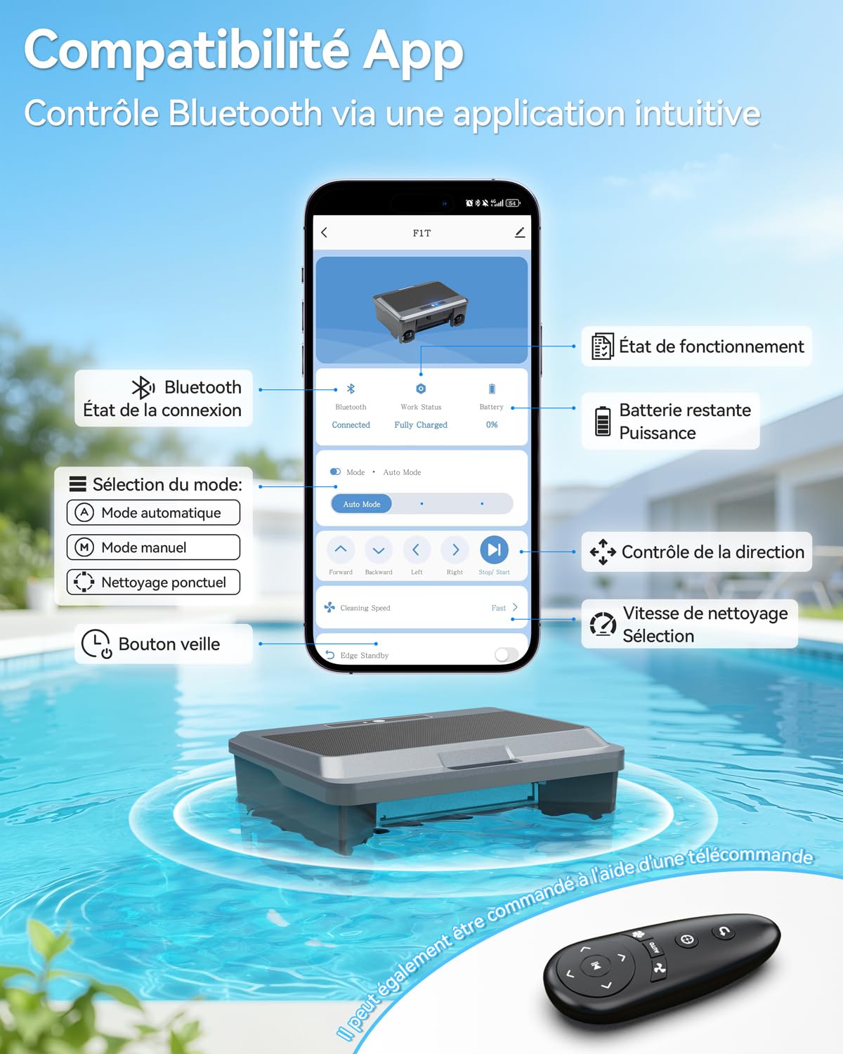 WAVIO (2026 Upgrade) F1T Robot Skimmer Solaire de Piscine, Contrôle Via App, Double Options de Recharge, Anti-Obstacle Intelligent, Nettoyage Automatique 24/7, Idéal pour Piscine Hors Sol, Gris