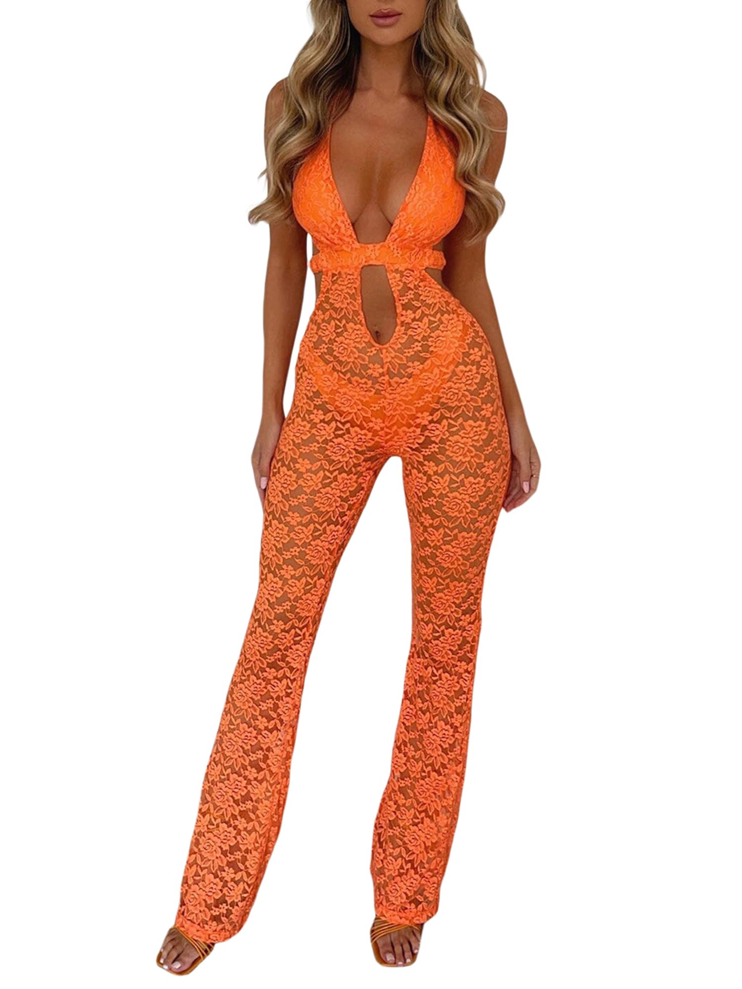 Acrawnni Women Y2K Lace Jumpsuits Sexy Sleeveless See Through Mesh Hollow Out Long Pants Bodycon Playsuits Rompers Clubwear (B-Orange, S)