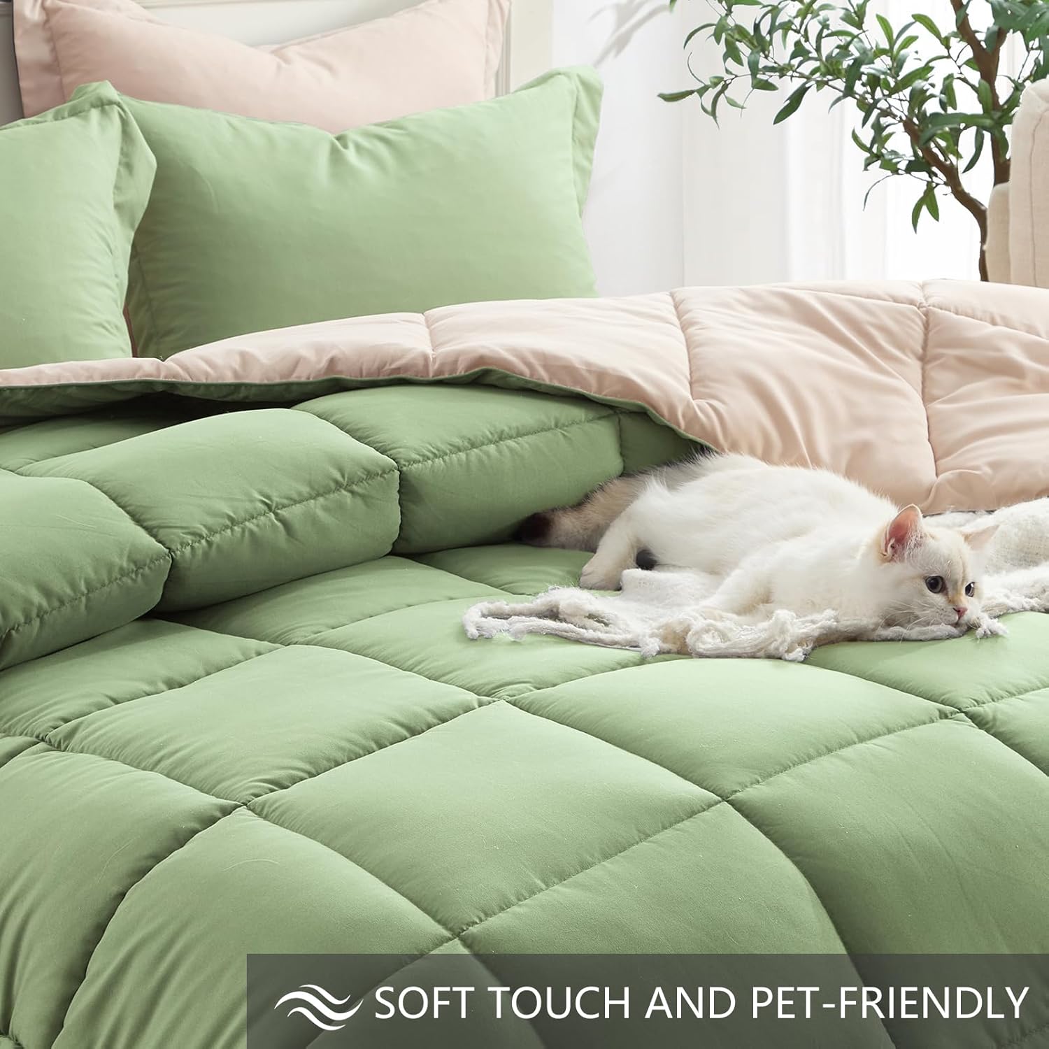 Homelike Moment Queen Comforter Set Sage Green, Comforters Queen Size Set, Soft Lightweight Down Alternative Bed Comforter Full Size Reversible All Season 3 Piece Sets Sage Green/Beige - Image 4