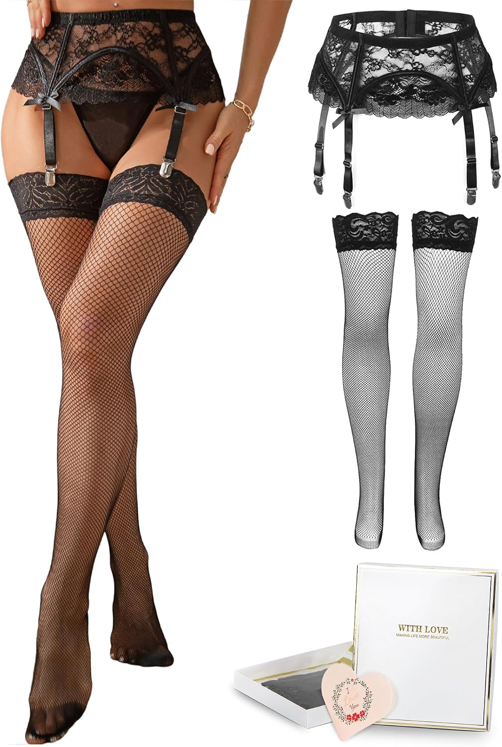 comeondear Lace Garter Belt for Women Plus Size 4 Strap Suspender Belts for Thigh Highs Black Lingerie with Cute Bow