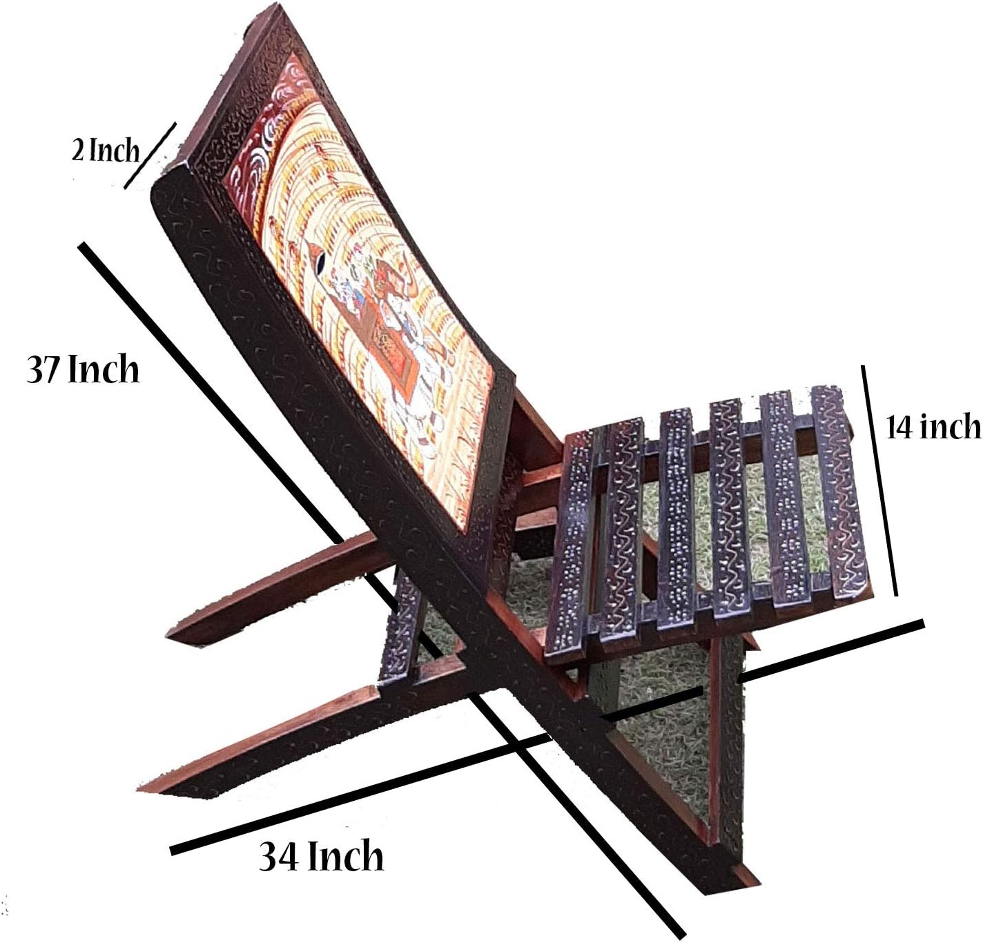 Handicraft Wooden Outdoor 2 Folding Relaxing Chairs and Table Set, Very Sturdy Excellent Finish Hand Painted by Awarded Indian Artisan (Set of 2 Chairs and Table)