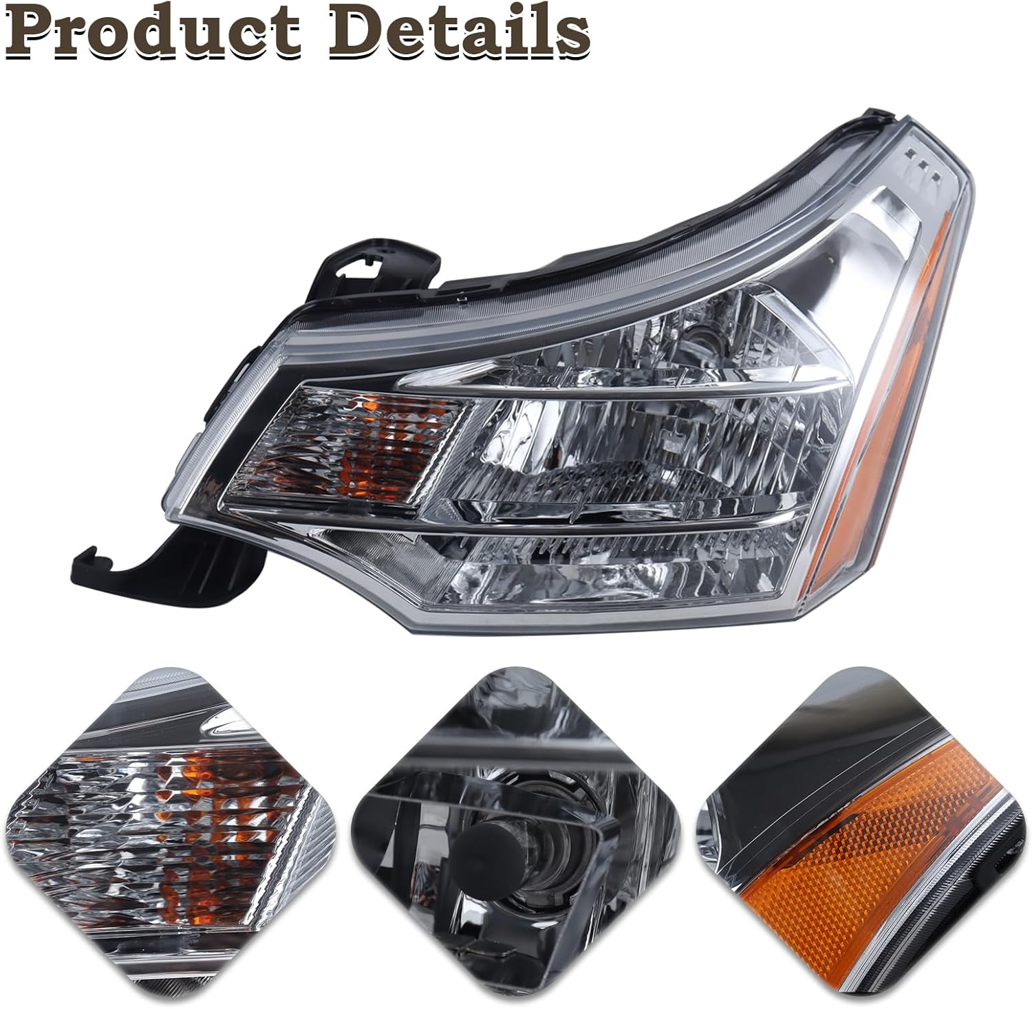 A Pair Headlight Fit for 2008-2011 Ford Focus S/SE/SES/SEL Chrome Housing with Amber Reflector Headlamp Assembly Left Driver&Right Passenger With Bulbs 8S4Z13008F FO2502244 8S4Z13008E FO2503244