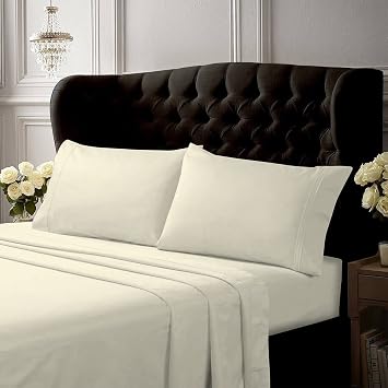 Tribeca Living King Bed Sheet Set, Crisp and Smooth Egyptian Cotton Percale Solid Sheets and Pillowcase Set, Extra Deep Pocket, 350 Thread Count, 4-Piece Luxury Bedding, Ivory