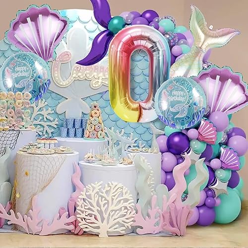 Miniatura 5 de Decoración de cumpleaños de sirena, kit de decoración de fiesta de sirena, globo marino, globos de aluminio de sirena, globos de números grandes