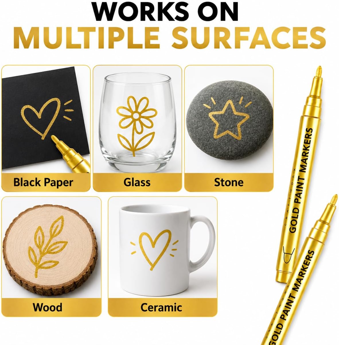 Gold Metallic Markers, 6 Pack Permanent Gold Paint Pens Fine Point for Black Paper, Card Making, Rock Painting, Glass, Wood, Ceramic, Scrapbook, Pumpkin and DIY Crafts