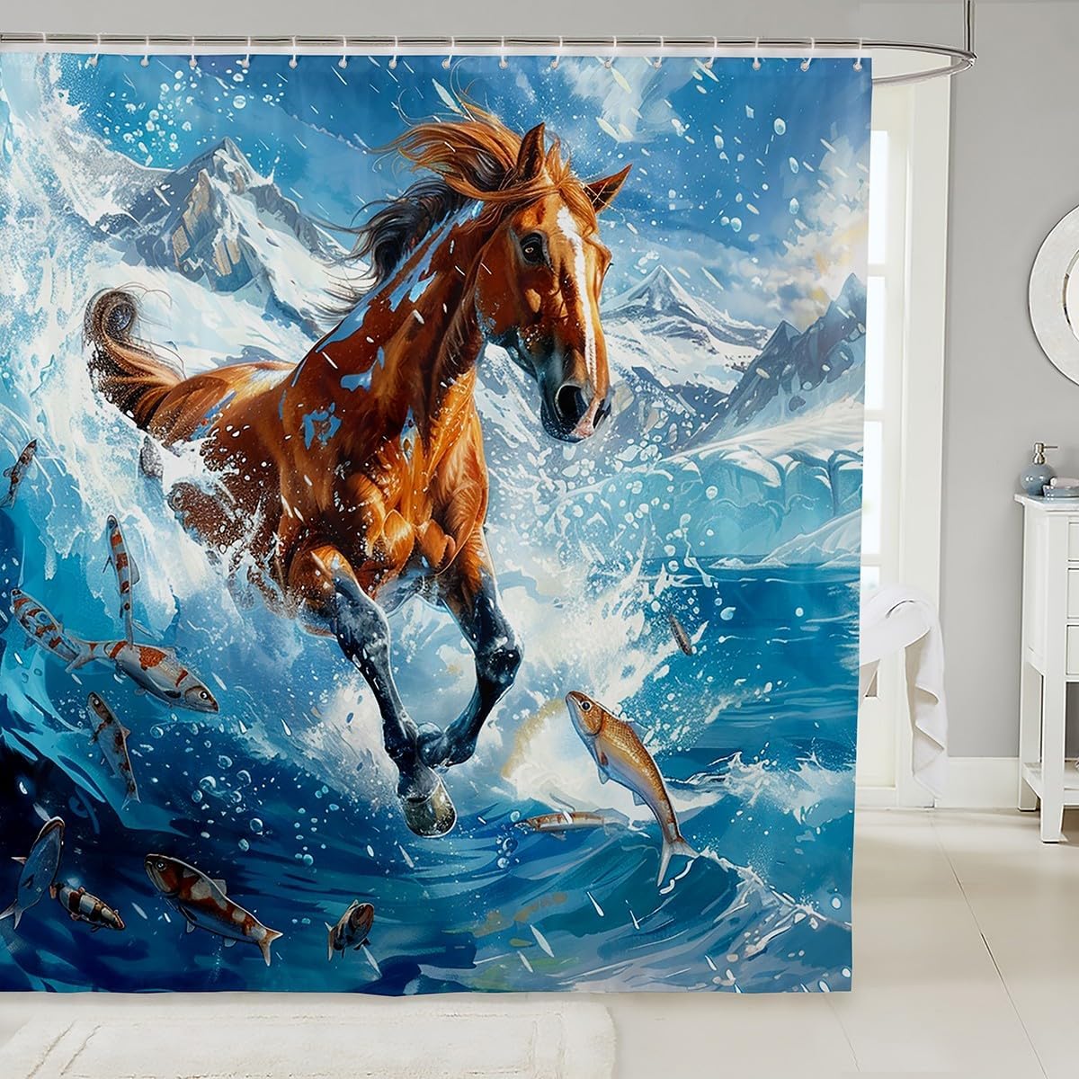 Feelyou Kids Horse Bath Curtain Galloping Horse Shower Curtain Boys Girls Wild Animal Bathroom Shower Curtain Set Western Farm Teens Bathroom Accessories Room Decor 72"x84"
