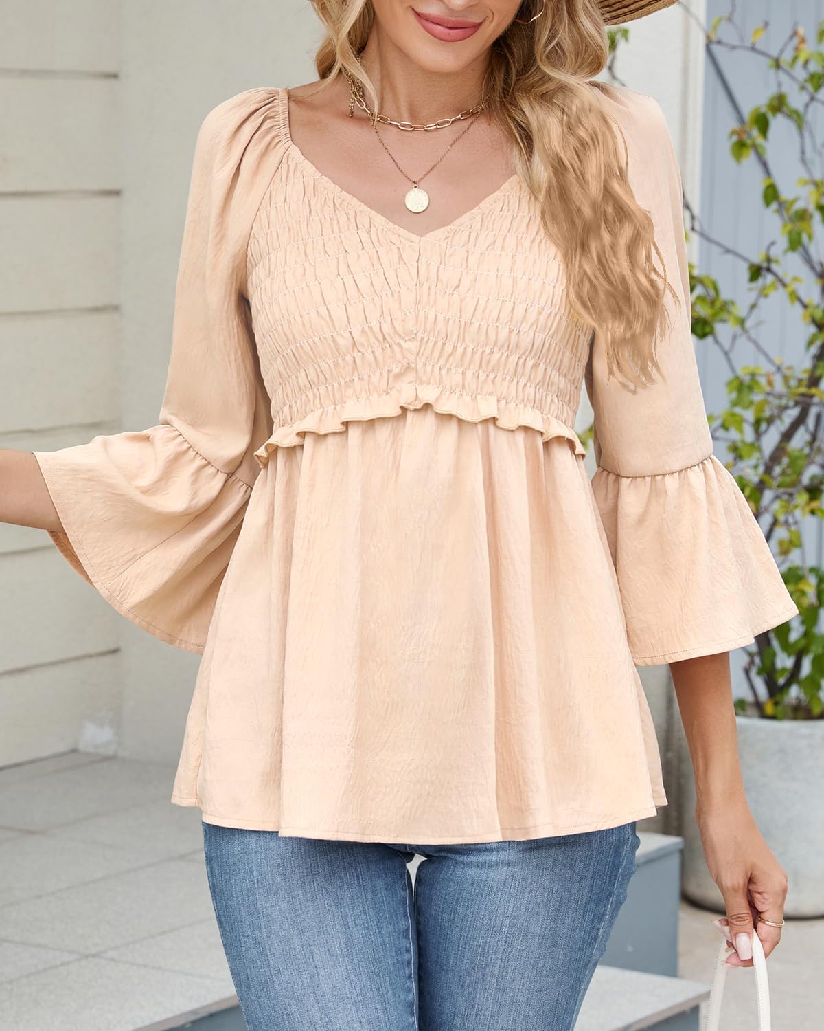 Womens Ruffle 3/4 Sleeve Babydoll Tops V Neck Peplum Blouse Smocked Loose Fit Tunic Top Bell Sleeve Dressy Tee Shirts - Image 3