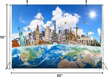 BELECO 7x5ft Fabric Around The World Travel Backdrop Global Travel World Map Earth Photo Background World Famous Landmark Newyork Paris Eiffel Tower Backdrop Birthday Party Decor Photoshoot Props