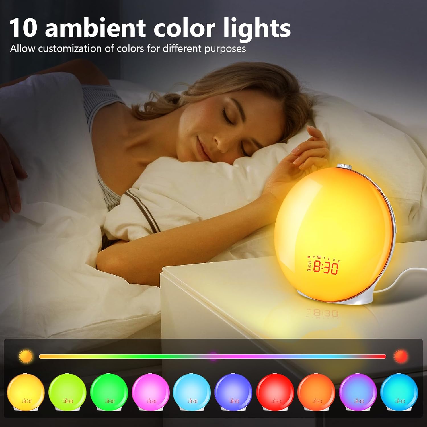 Winfine Sunrise Alarm Clock White Noise Sound Machine, Digital Alarm Clock for Baby, Kid, Teen, Heavy Sleeper, Sunset Bedside Lamp Ambient Lighting for Bedroom, 8 Natural Sounds, 10 Night Lights