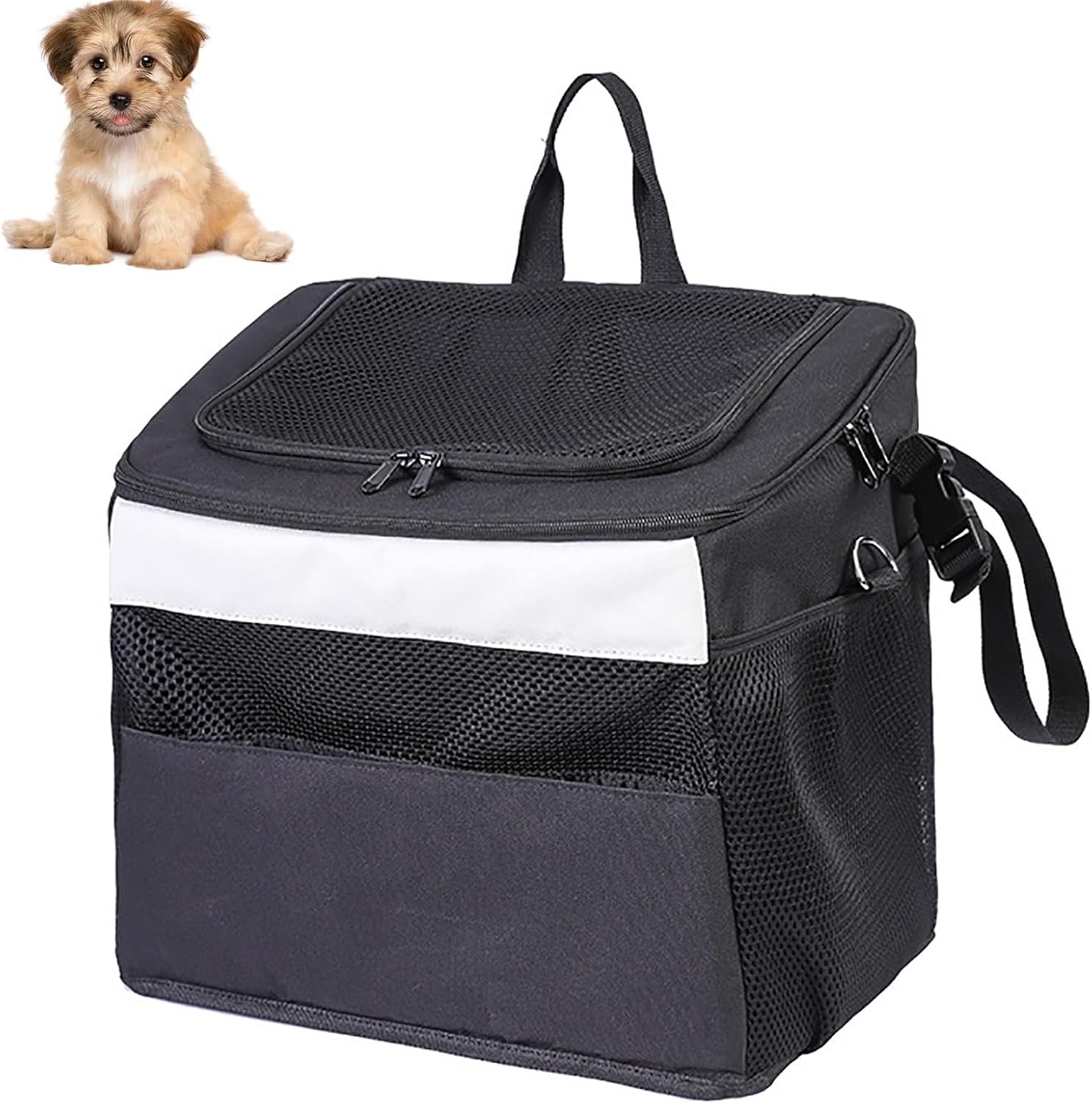 Dog Bike Basket Carrier, Pet Bicycle Front Carrier Backpack, Foldable,Removable, Reflective Strips, 2 Side Storage Pockets, Pet Travel Bag for Small Dogs(Color:Black+White)