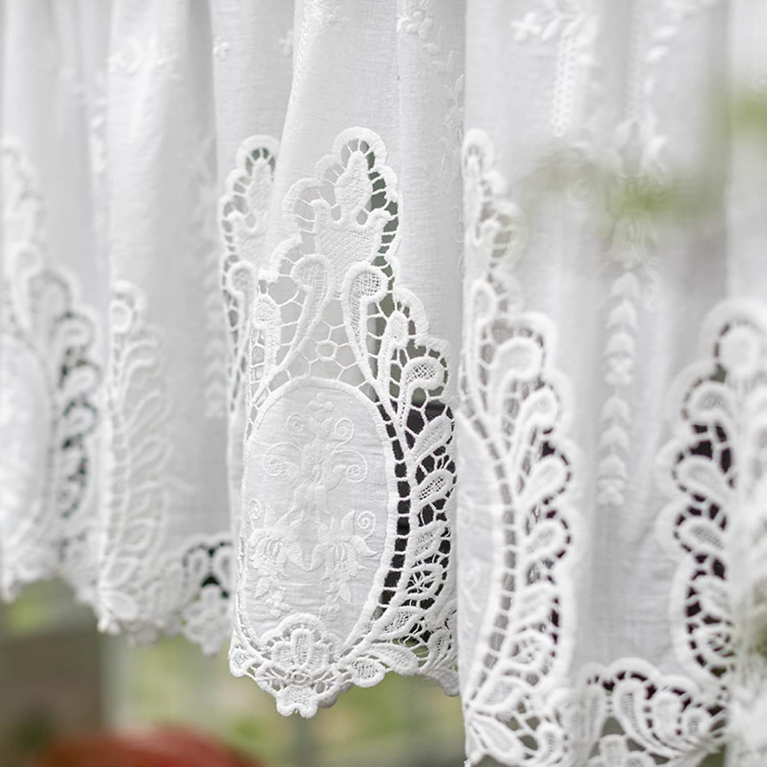Short Curtain for Small Window Retro Rustic Farmhouse Opaque Cotton White Floral Embroidered Lace Window Treatment Valance Window Panel Drapes Half Curtain for Kitchen Café Bedroom