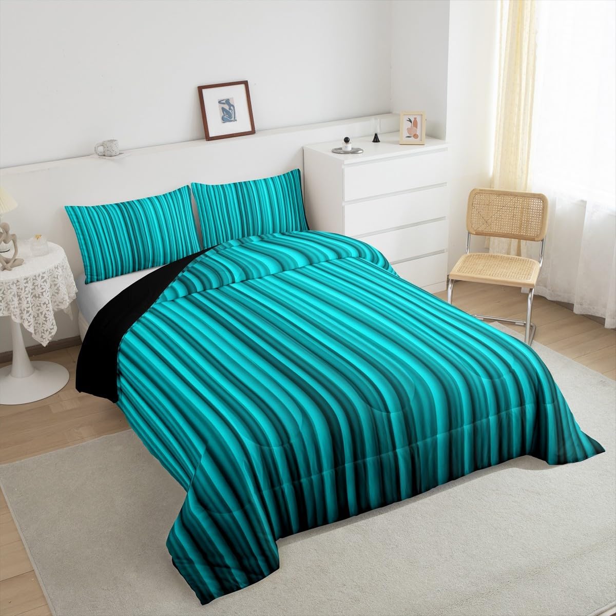 Erosebridal Stripe Bedding Set Full Size 3D Abstract Comforter Set for Men Women Adults Aesthetic Retro Black Teal Blue Comforter Warm Soft Duvet Quilt