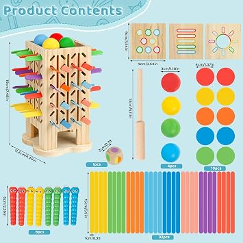 Montessori Toys Wooden Board Game, Kids Educational Fine Motor Skills Toy with 42 Colourful Sticks and Dice, Family Fun Outdoor Travel Games for Boys and Girls 3-6 Years Old Birthday Gift (Colorful)