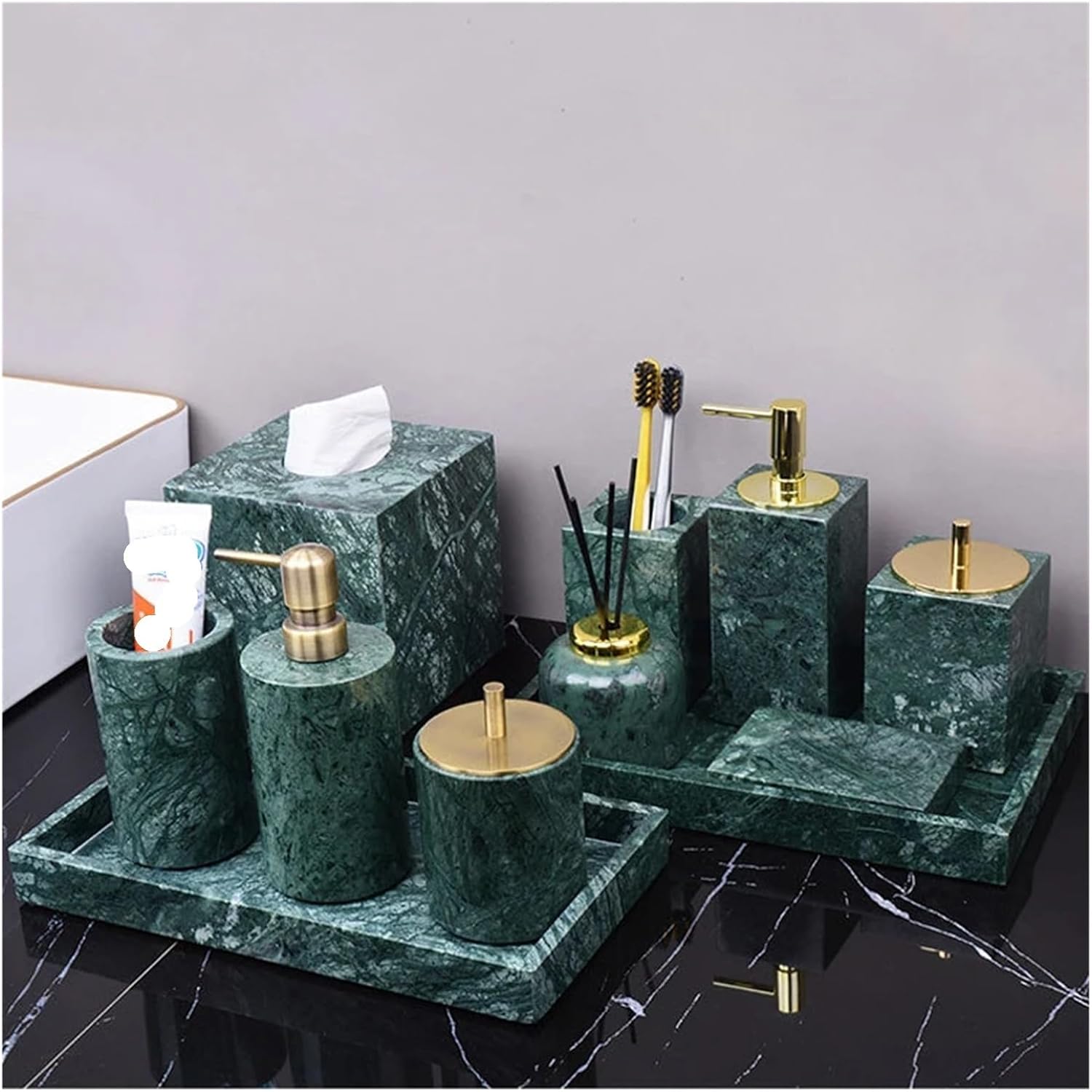 Bathroom Accessories Set, Dark Green Natural Marble Bathroom Set Bath Accessories Set with Soap Dispenser, Toothbrush Holder, Tumbler, Soap Dish(Toothbrush holder A)