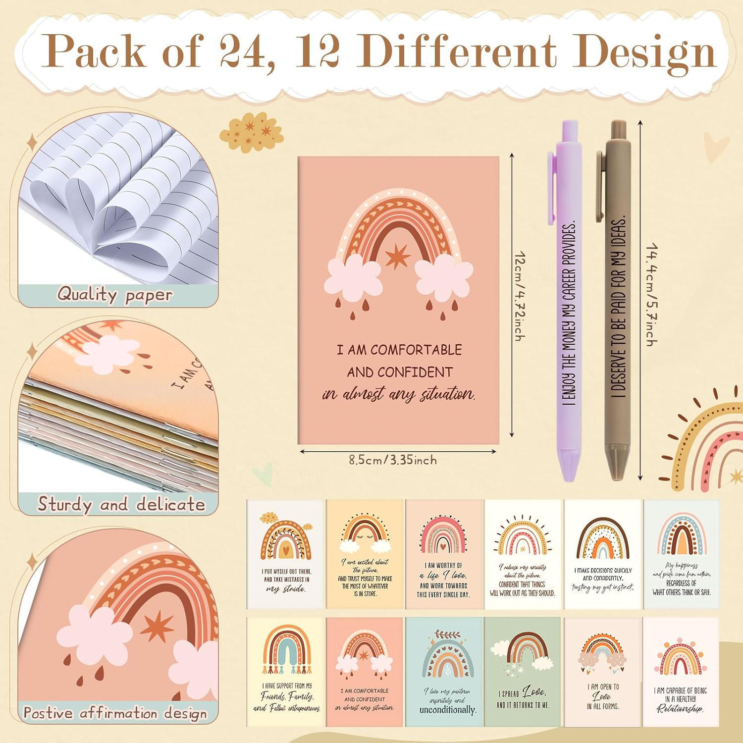 24 Set/48 Pcs Positive Affirmation Gift Set Gratitude Notebooks with Pens Small Bags Motivational Encouragement Notepads Daily Affirmations Journal for Women Stress Relief Self Care (Cute) - Image 2