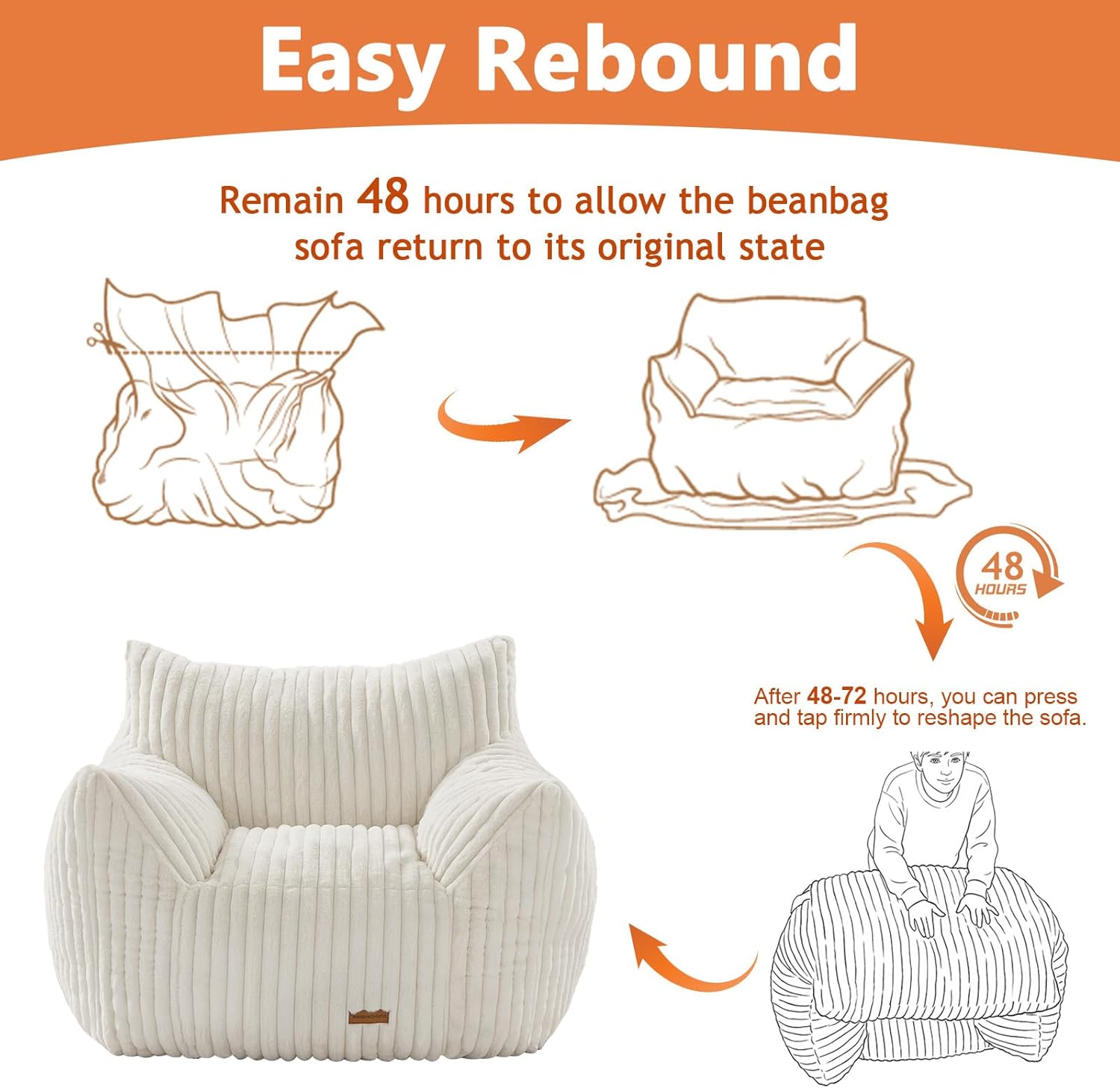 Giant Bean Bag Chairs for Adults Teens with Filling Large Fluffy Bean Bag Chair with Armrests Plush Comfy BeanBag Couch Sofa Chair for Bedroom Living Room Reading