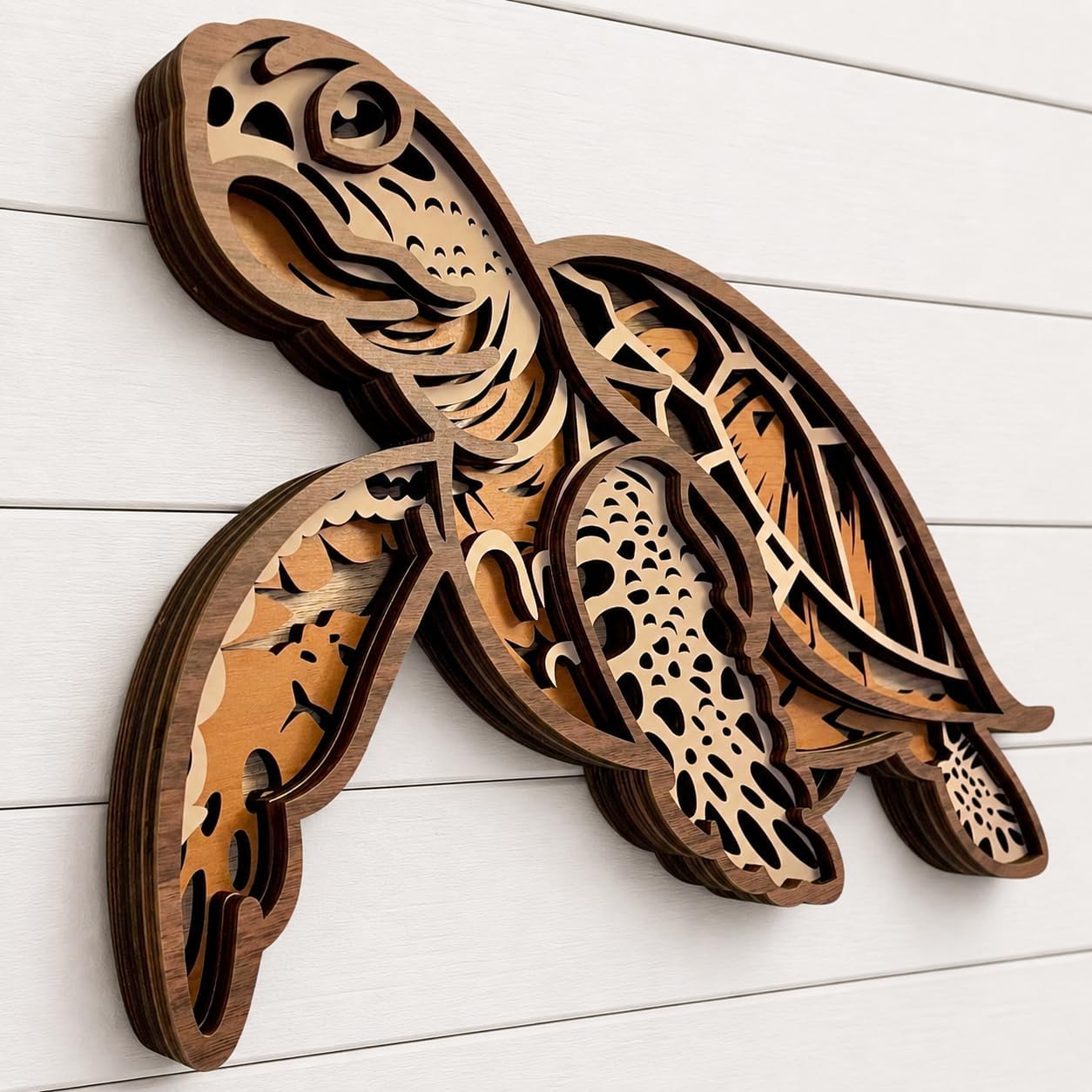 Fossil King Sea Turtle Wall Decor Large 14.5" – 3D Layered Wood Coastal Wall Art Beach House Ocean Decor