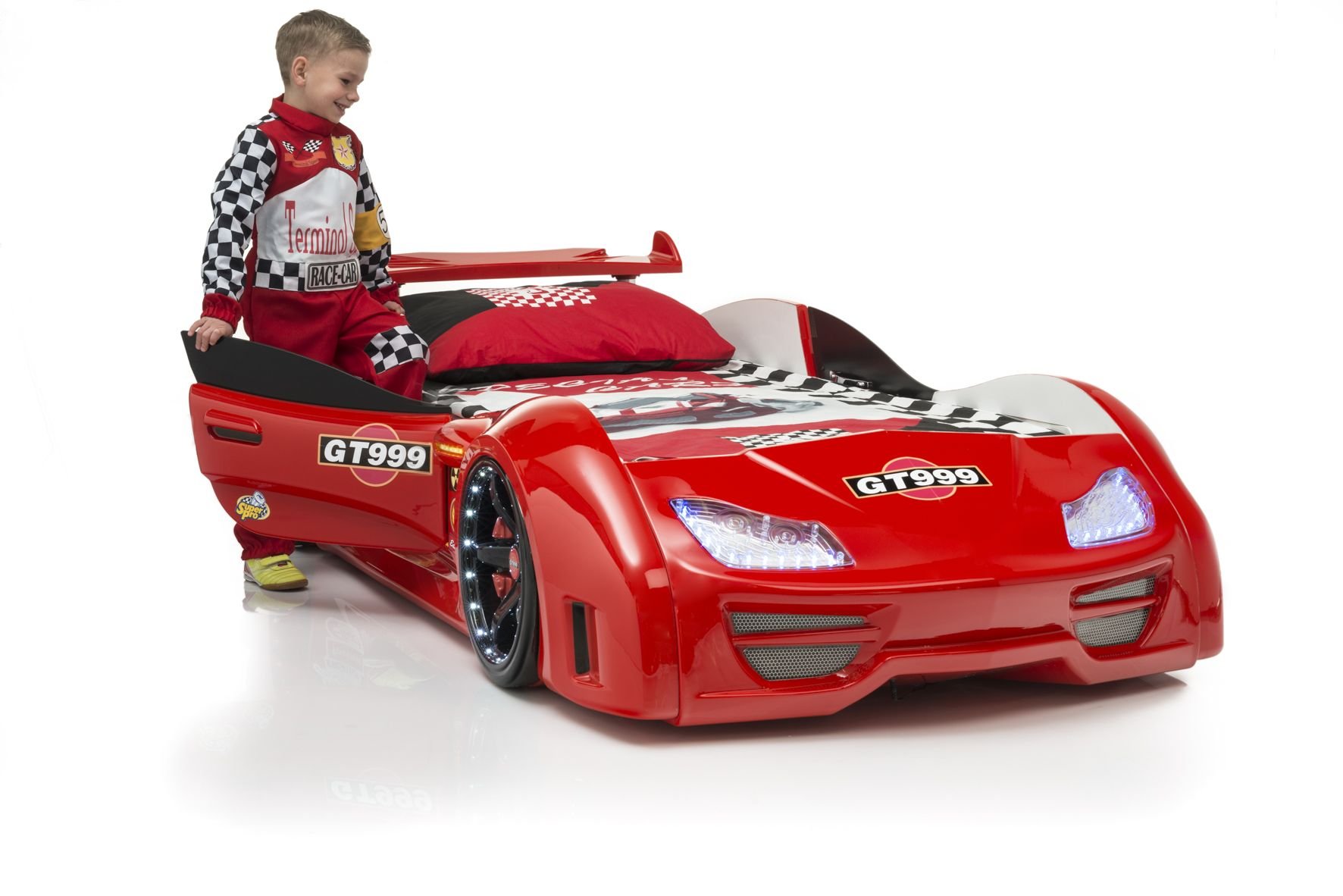 Lit en forme de voiture GT 999 Rouge Équipement complet avec portes, son et éclairage LED Lit pour enfant