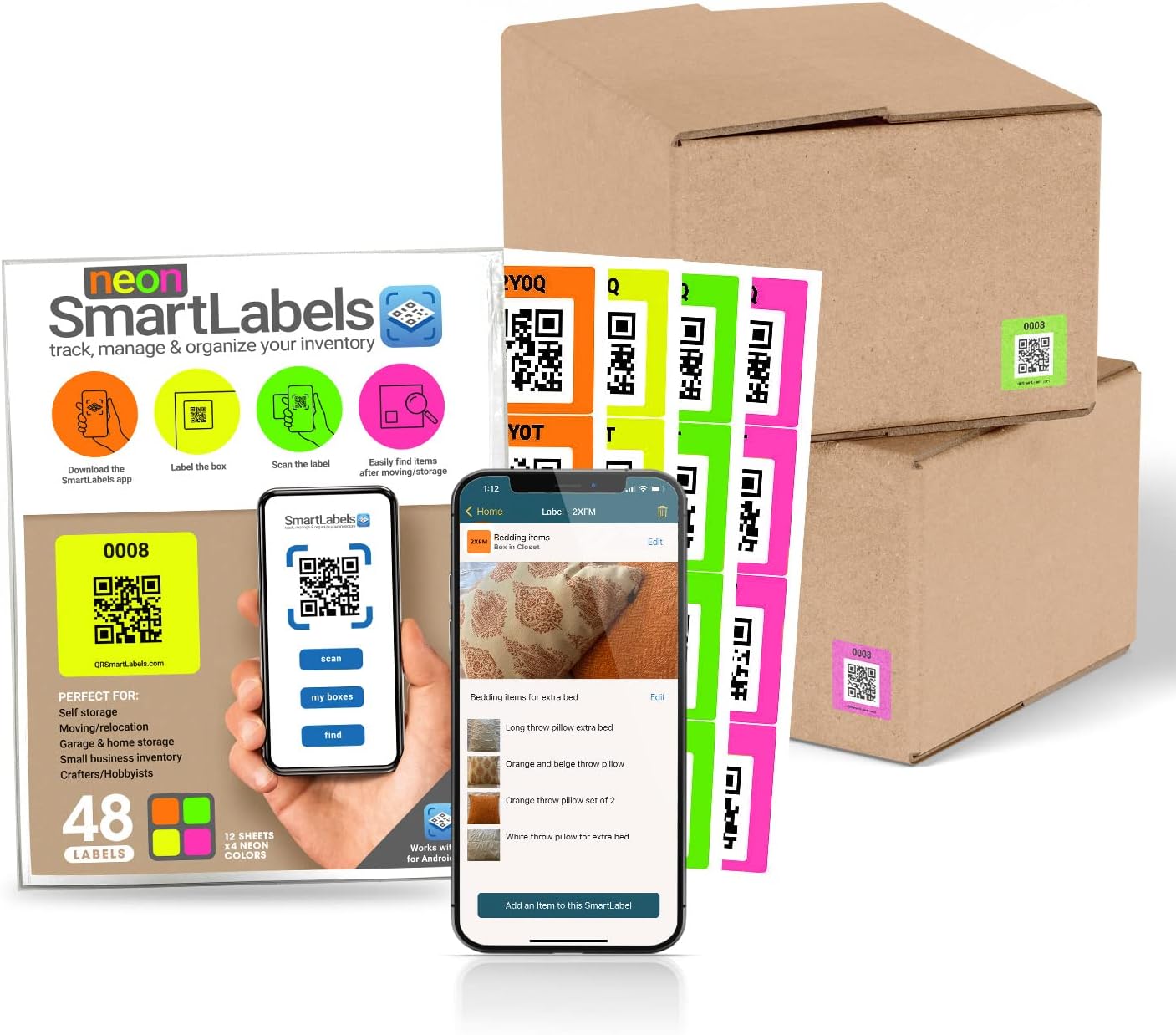 QR Code Smart Labels | Color Coded Scannable Stickers for Storage Bins, Moving Containers & Organization | Pack and Track Inventory on iOS & Android App | Pack of 48 (Neon) : Office Products