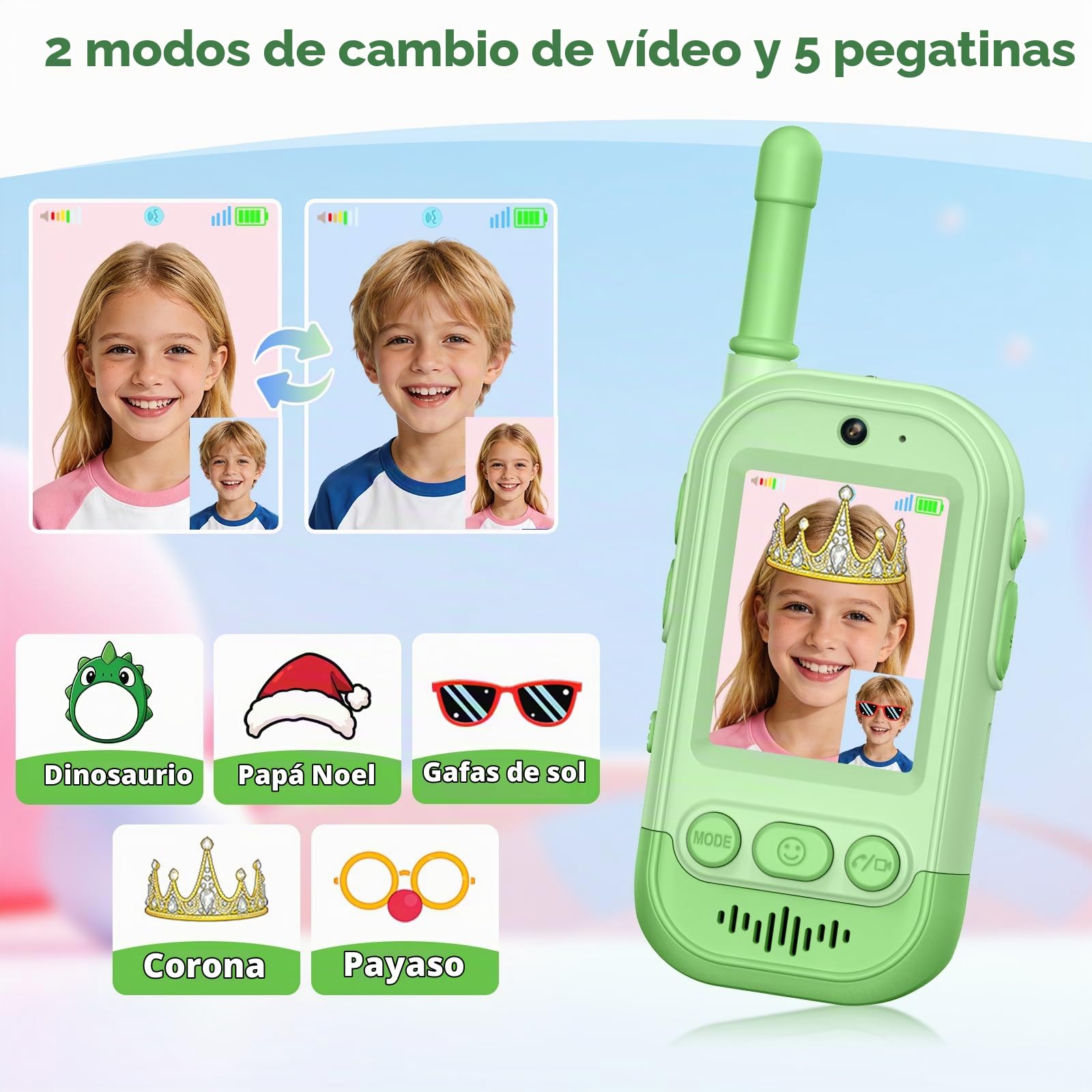 Video Walkie Talkie Niños(Set de 2), Gofunly Walkie Talkie Recargable con Videollamada, Largo Alcance, Cambiador de Voz, Regalos de Cumpleaños Juguete para Niños y Niñas de 3 a 12 Años - Verde+Azul