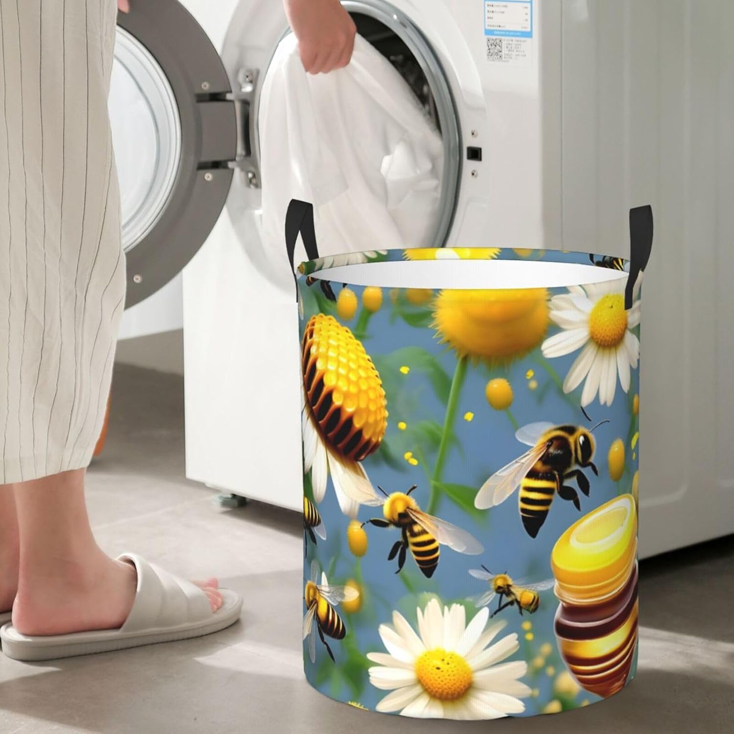 Flying Bees Daisy Honey Print Circular Protable Storage Bin,Basket For Laundry Hamper With Handles Bedroom Clothes