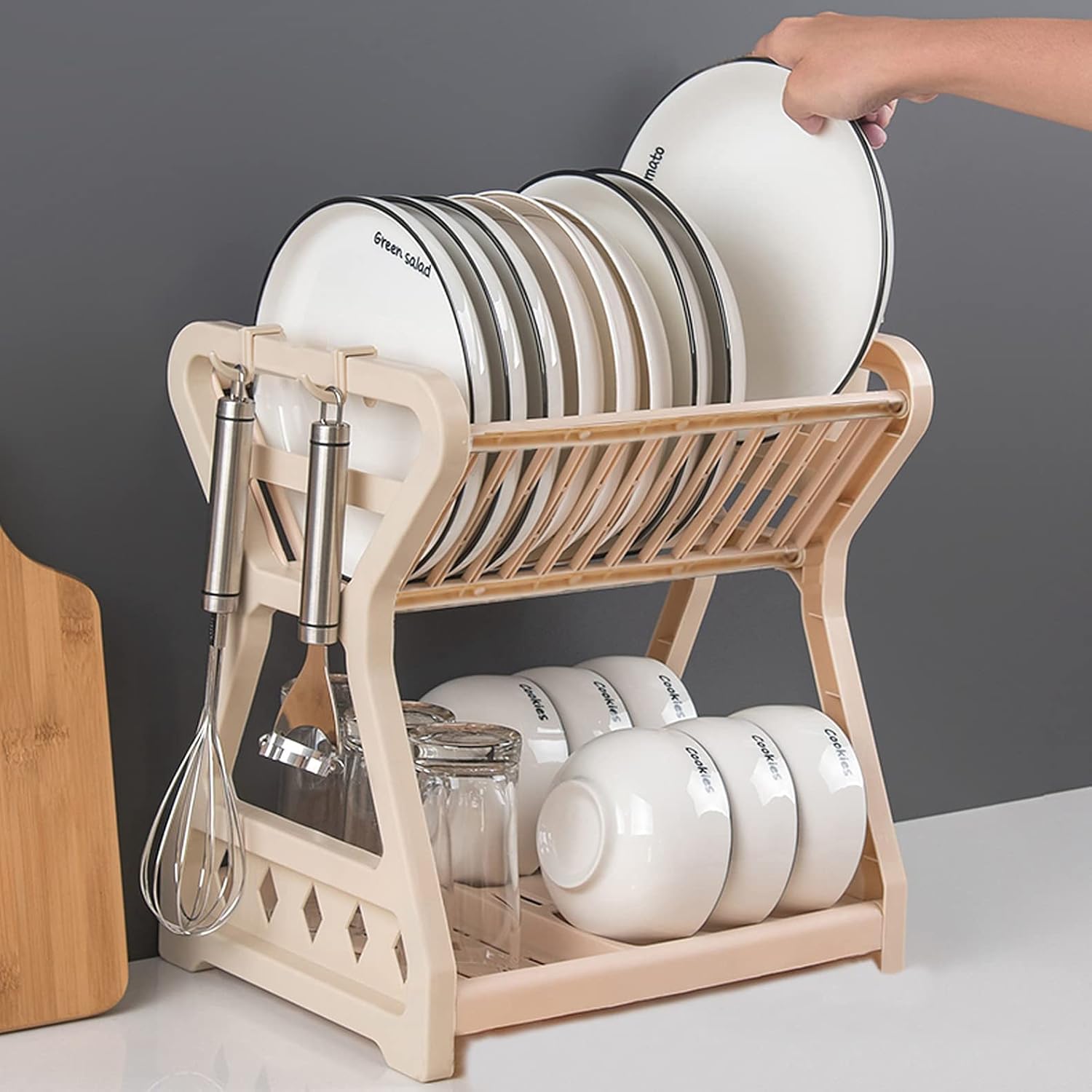 wolpin Plastic Kitchen Sink Dish Rack Organizers 2 Layer Drainer Drying Rack Washing Basket, Bowl Plate Stand Lid Holder Kitchen Utensils Stand with Hooks (31.5 x 24.3 x 33cm) Apricot