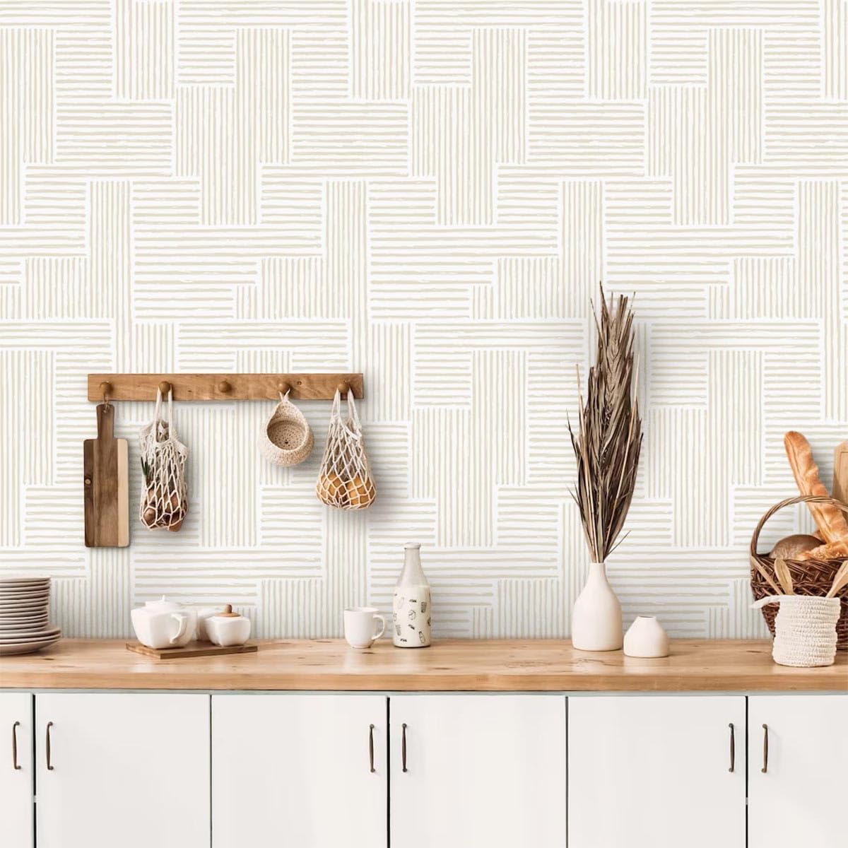 Naphite Modern Stripe Peel and Stick Wallpaper Boho Contact Paper for Cabinets Drawers Geometric Self Adhesive Removable Wallpaper for Bedroom Waterproof Beige/White Neutral Wall Decor 17.3inW 393inL