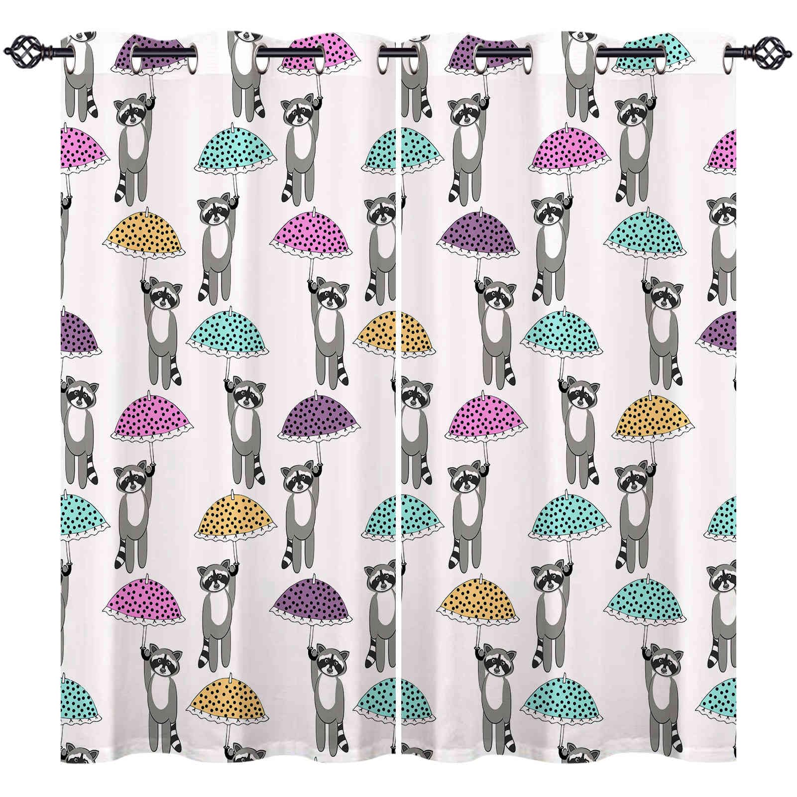ANHOPE Raccoon Curtains Eyelet 80% Blackout Room Darkening Curtains Raccoon Colorful Umbrella Print Pattern Thermal Light Blocking Window Drapes for Kids Bedroom Living Room 55 x 69 Inch Drop 2 Panels