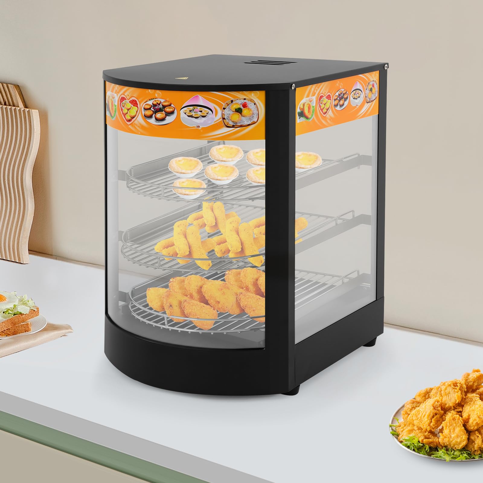 800 W 3 pisos calentador de alimentos eléctrico, 30 – 85 ℃ | Vitrina caliente para cafés, panaderías, tiendas de comestibles, 35 x 42 x 52 cm, color negro