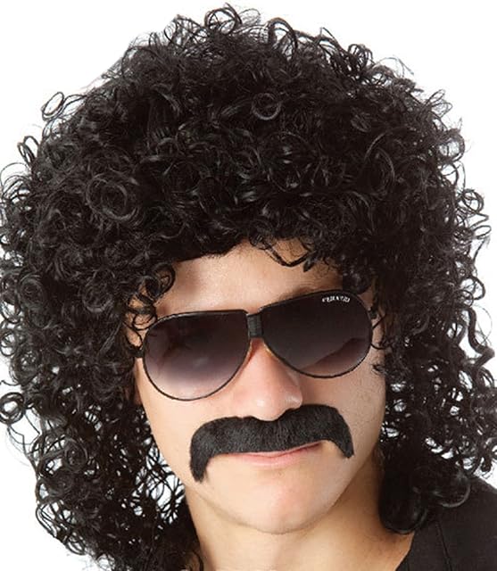 70s 80s Men's Party Fancy Dress Halloween Wig curly black mullet Rockstar Wig(short)