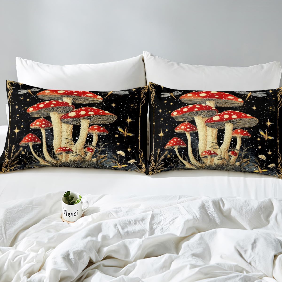 Feelyou Mushroom Decor Bed Sheets Set Boys Girls Queen Size Longleg Mushroom Sheet Set Ultra Soft Dragonfly Sheets with Deep Pocket Fitted Sheet Botanical Theme Room Decor Mushroom