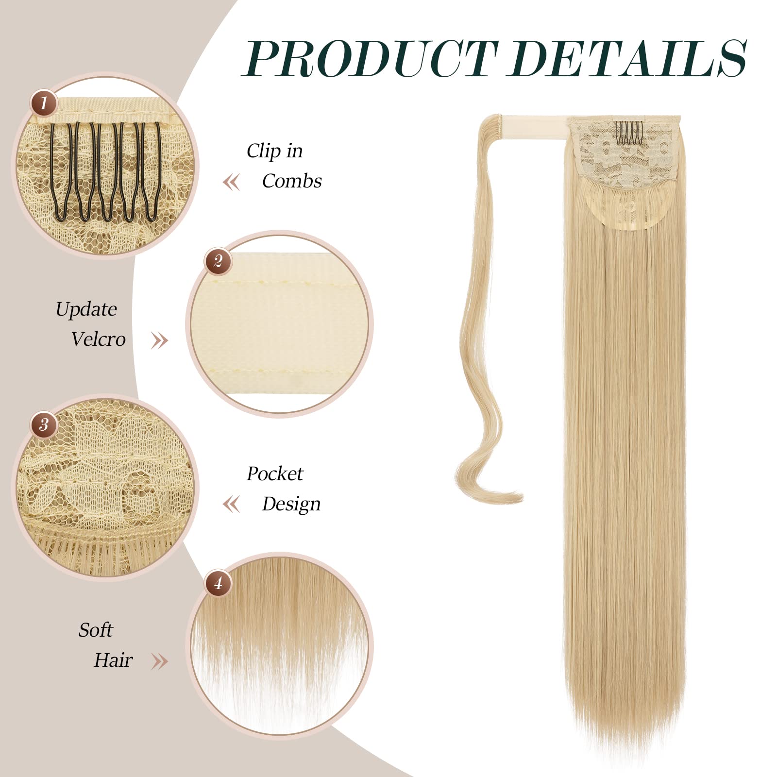 FESHFEN Straight Ponytail Extensions Long Wrap Around Ponytail Synthetic Clip in Pony Tail Hair Extensions Dark Brown Hairpiece for Women 24 inch - Image 3