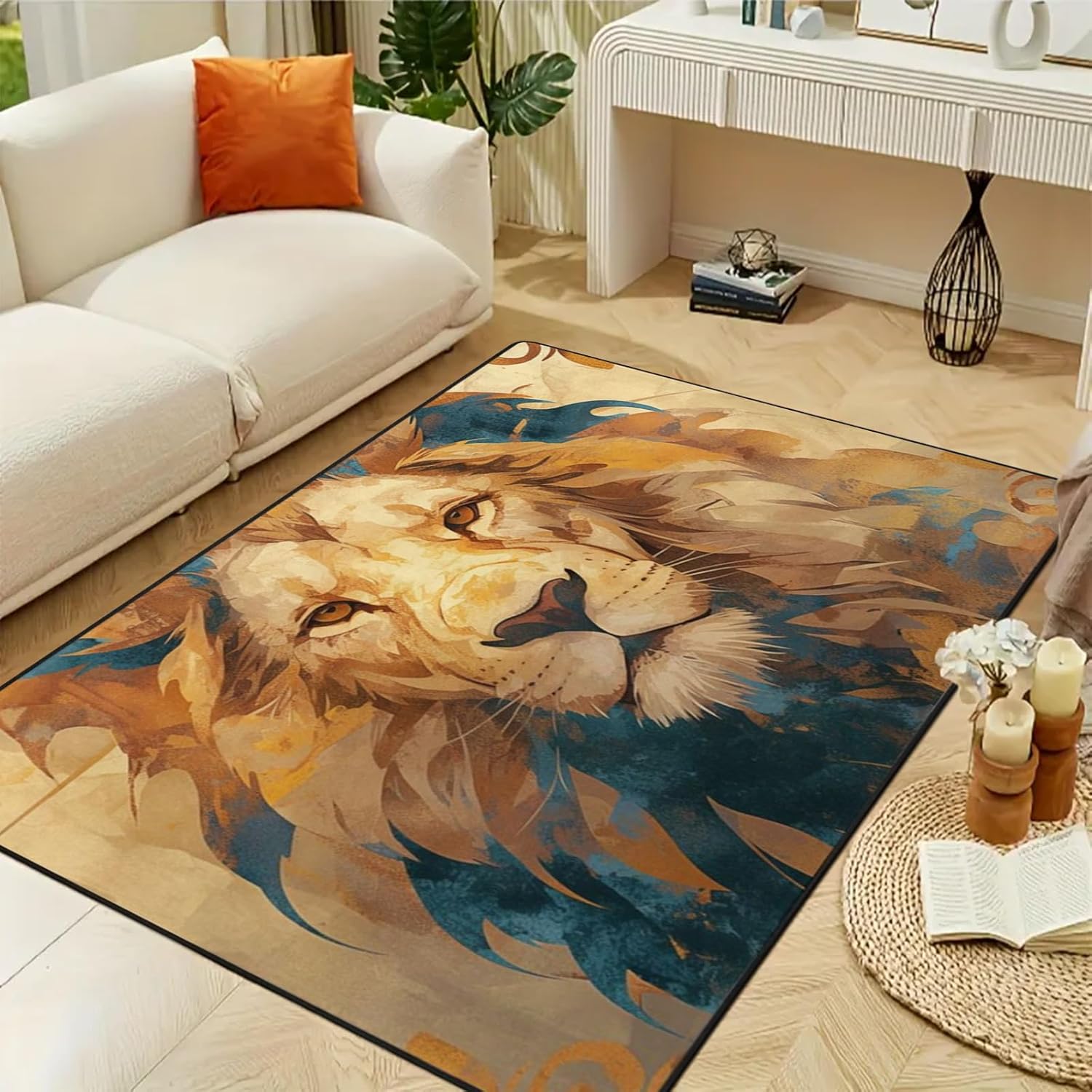 Art 3D Lion Area Rug 7x5ft Rectangle Non-Slip Brown Faux Wool Carpet for Home Decoration, Washable Soft Durable Rugs for Living Room Bedroom