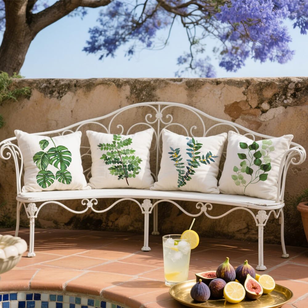 Kissenbezug 45x45 4er Set Outdoor Kissen Leinen, Boho Deko für Deko Wohnzimmer, Garten, Balkon