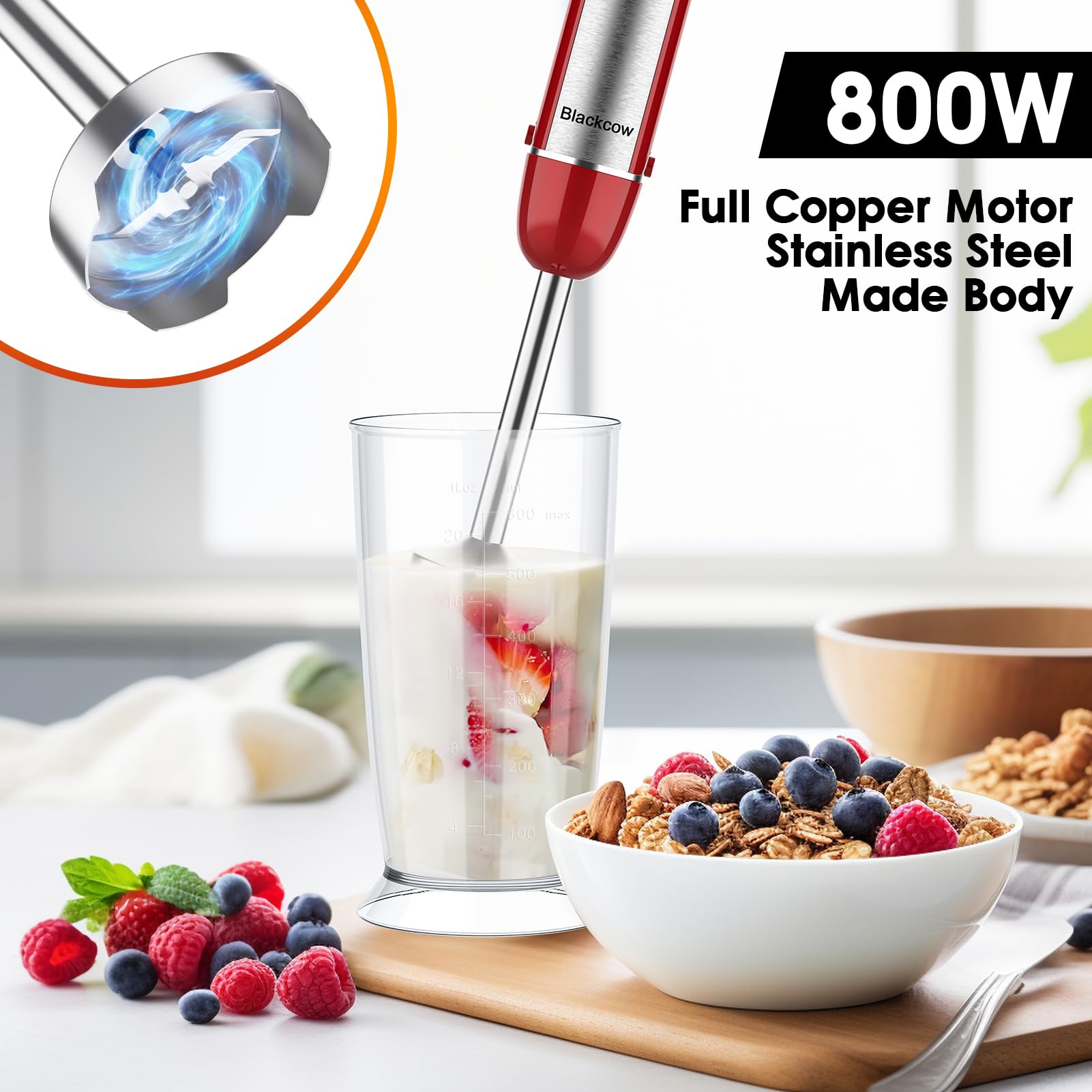 Blackcow Frullatore a immersione a mano, elettrico in acciaio inox con accessori, tritatutto, frusta, montalatte e tazza di misurazione (senza BPA)