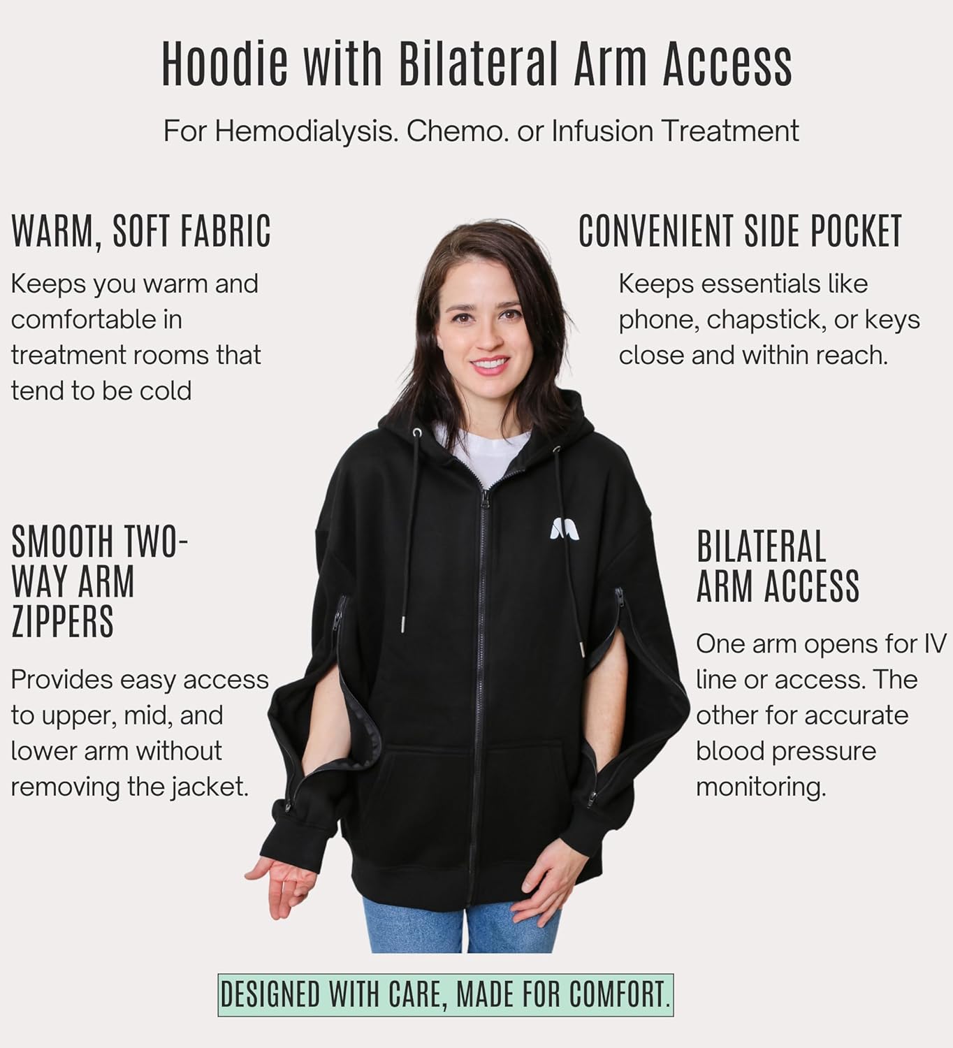 Dialysis Hoodie with Arm Zipper, Warm Adaptive Jacket Sweatshirts for Hemodialysis, Infusion & Chemo Treatments - Image 2