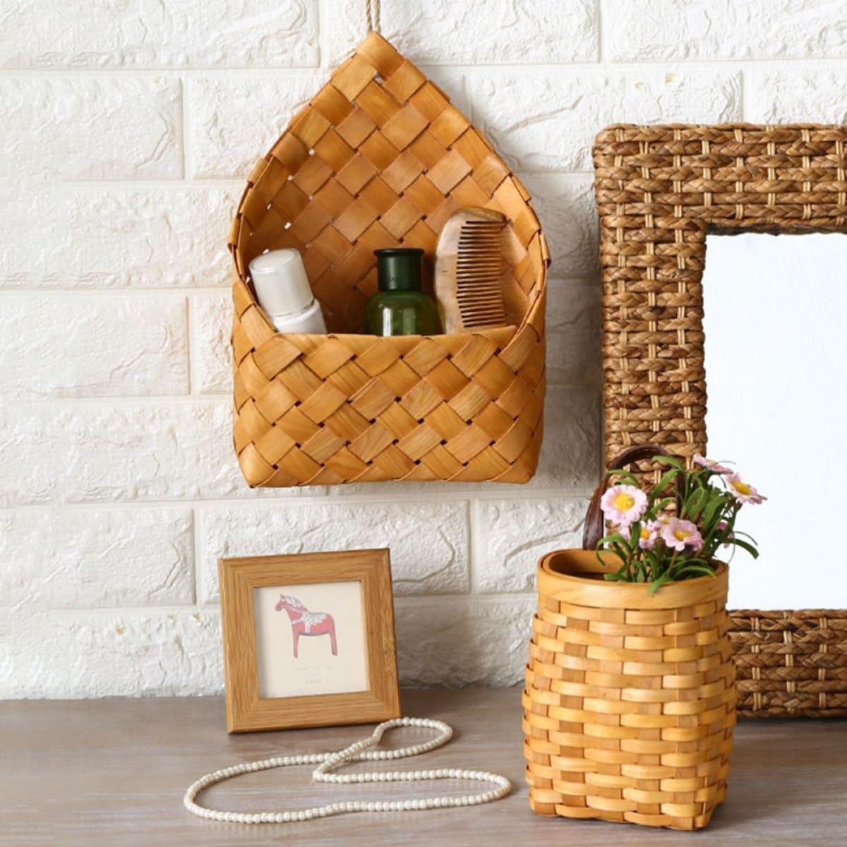 2Pcs Woven Sundries Container with Wall Mounted Design Wood Storage Basket | Retro Household Organizer, Space Saving Wall Hanging Style, Practical Home Use, Sturdy Wood Construction