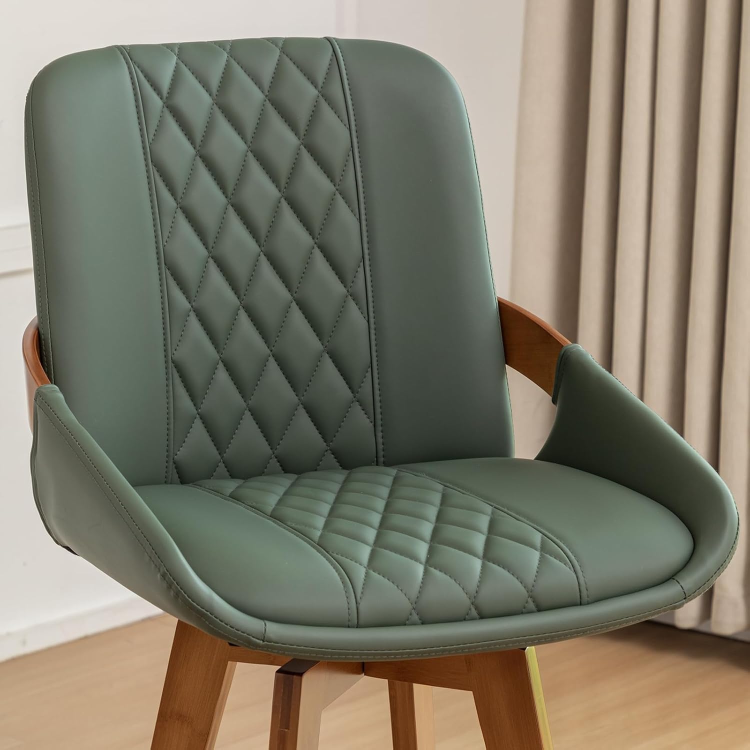 Counter Height Bar Stools Set of 2, Mid Century Modern Retro Swivel Bar Chairs, Furniture with Curved Back, Faux Leather Upholstered and Walnut Wood Frame for Bar/Pub/Island (Green, 26.3"-2 PCS)