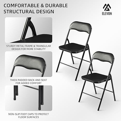 Miniatura 4 de Elevon Paquete de 2 sillas plegables, sillas acolchadas de vinilo con marco de metal resistente para el hogar y la oficina, para eventos en