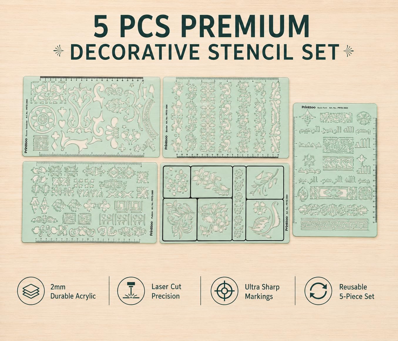 Printtoo Stencil decorativi per scrapbooking, pittura, diari, biglietti, arte fai da te, bordi floreali, angoli in stile arabo, 5 fogli da disegno in acrilico riutilizzabili da 2 mm
