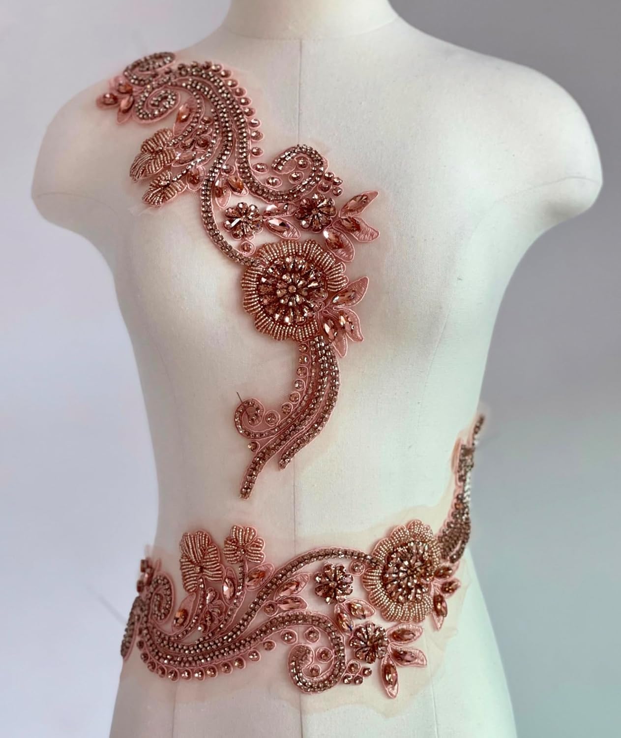 1 Pair Handmade Rhinestone Appliques,Watercolor Pink Rhinestone Applique for Dress, Wedding, Costume Decoration Beaded Patches (Watercolor Pink-1)