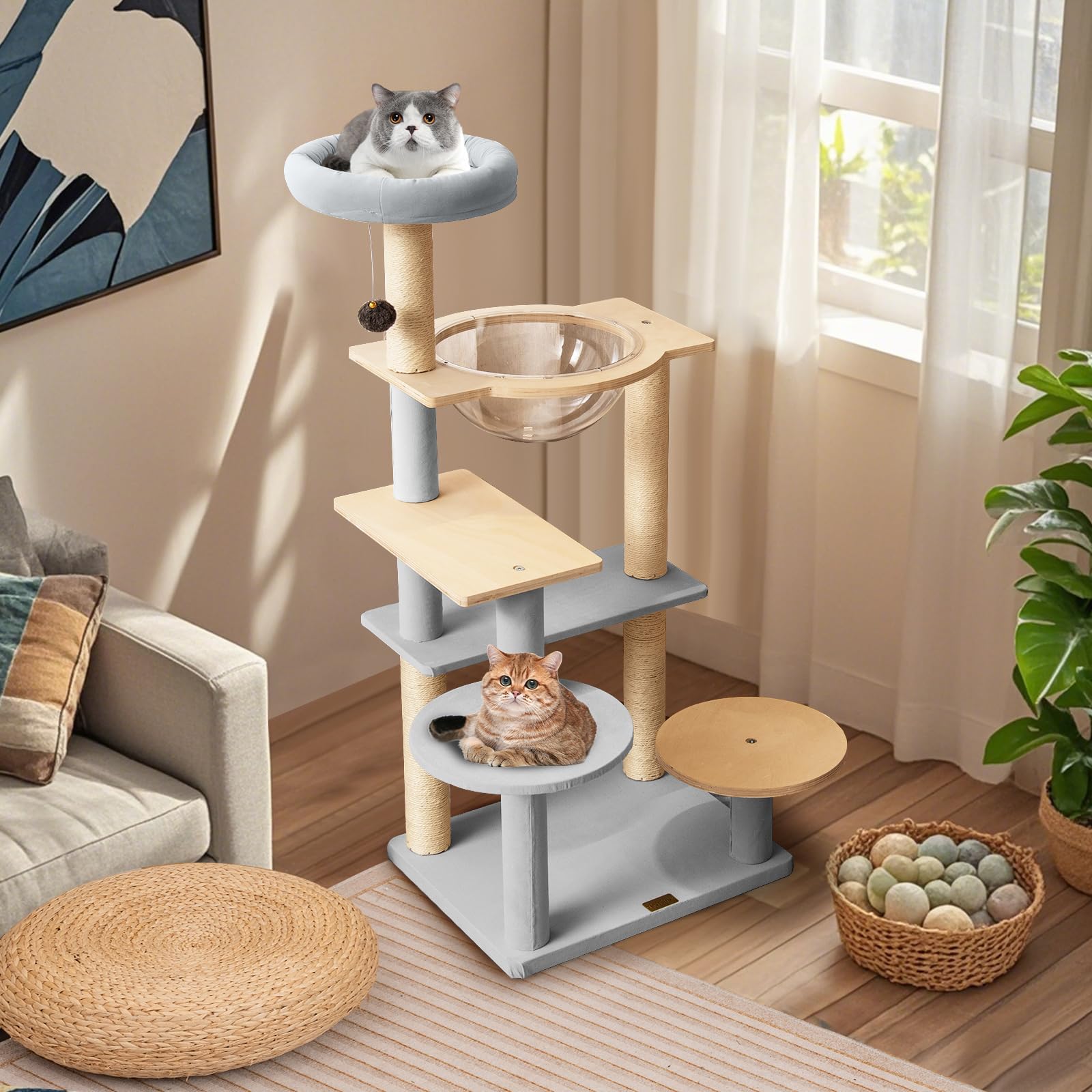 GYMAX Albero per Gatti, 50 x 40 x 113 cm, Piattaforme per Salti, Posatoio Superiore, Capsula Spaziale, Torre con Tiragraffi, Giocattolo Sospeso con Campanella per Gatti Adulti e Gattini