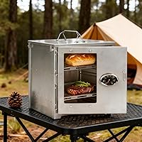 Vista 5 de POMOLY Horno de campamento de 12.6 pulgadas de alto con parrilla de 2 niveles, horno de titanio portátil con termómetro para hornear, calefacción