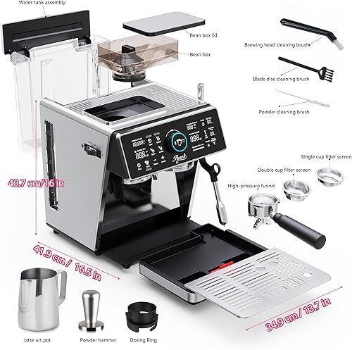 Miniatura 3 de Máquina de café espresso semiautomática de doble caldera con molinillo integrado, portafiltro de 2.283 in, pantalla TFT y varita de vapor espumador