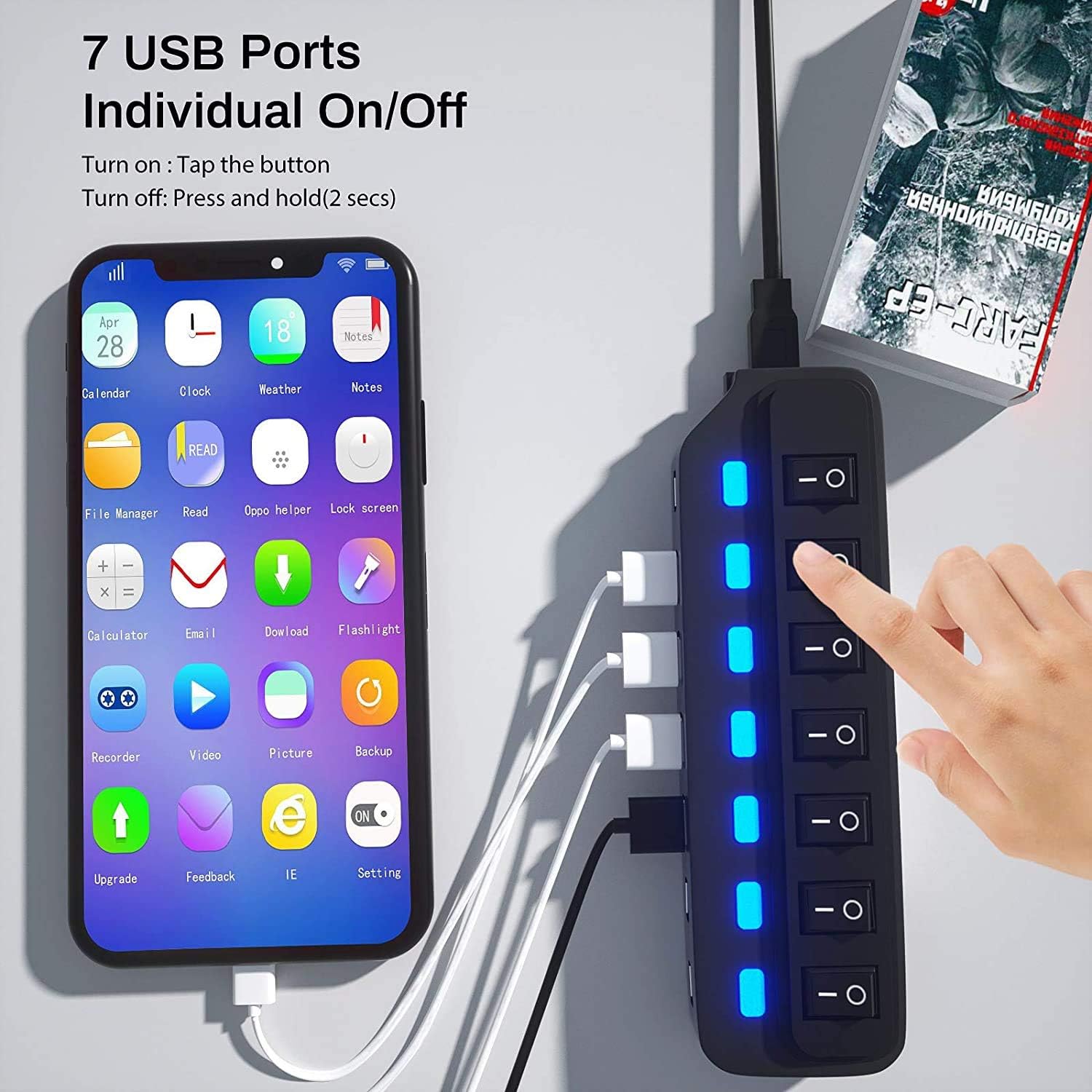 USB Hub 3.0 Splitter,7 Port USB Data Hub with Individual On/Off Switches and Lights for Laptop, PC, Computer, Mobile HDD, Flash Drive and More : Electronics