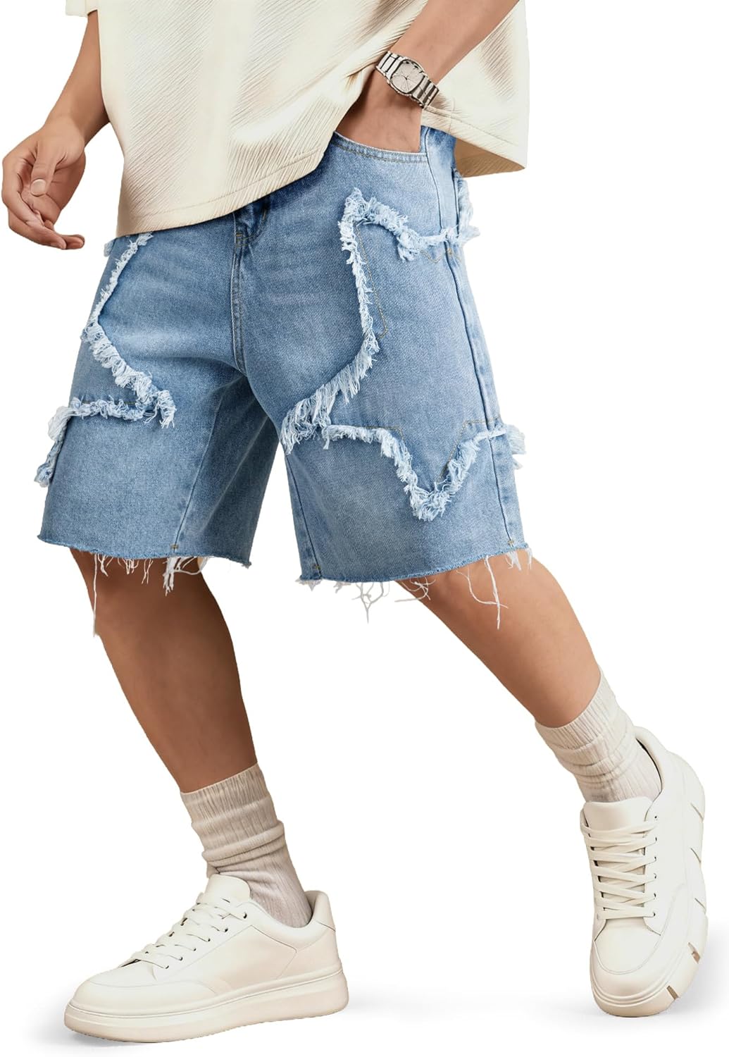 JMIERR Mens Baggy Jeans Shorts Loose Fit Star Wide Leg Jorts Y2K Streetwear Vintage Casual Denim Shorts 2026
