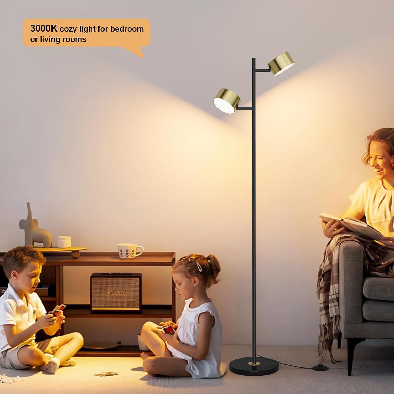 LED Floor Lamp with 3 Color Temperatures, Flexible Heads & Foot Switch, Adjustable Standing Reading Lamp for Office, Bedroom & Living Room