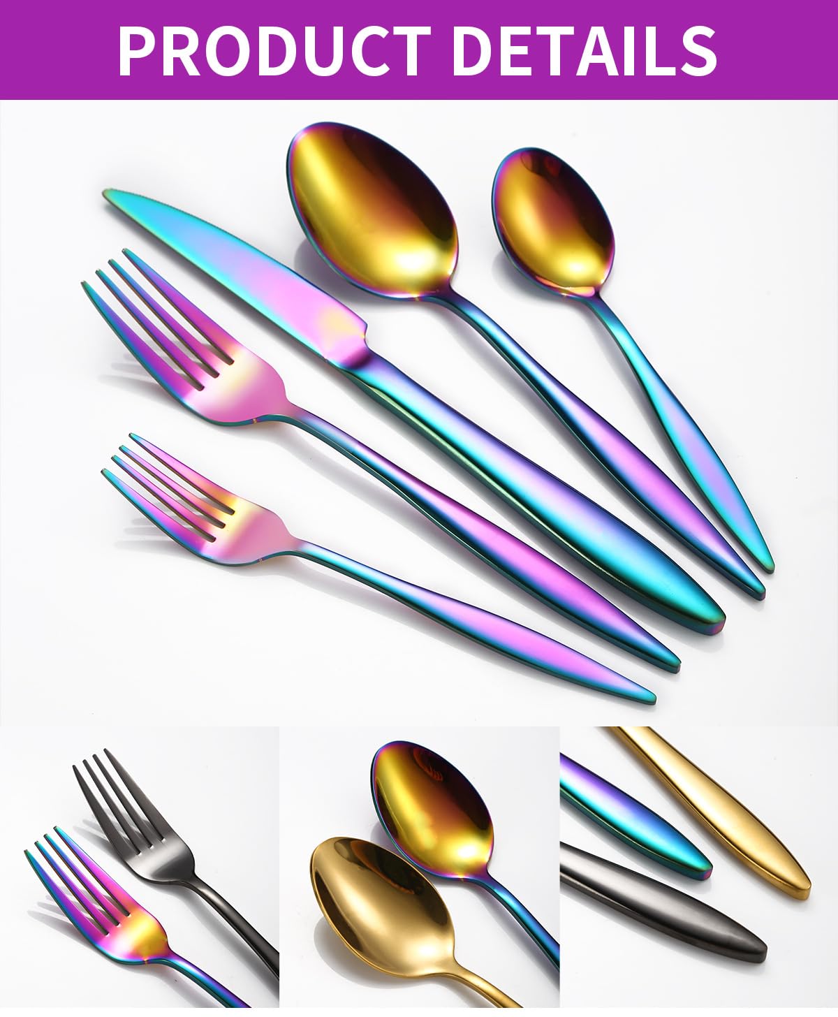 Ce Service de Couverts, composé de 5/20/30/40/50/60 pièces en Acier Inoxydable (Couteaux, fourchettes et cuillères), possède des Manches Pointus et épais. Idéal pour Les hôtels et Restaurant