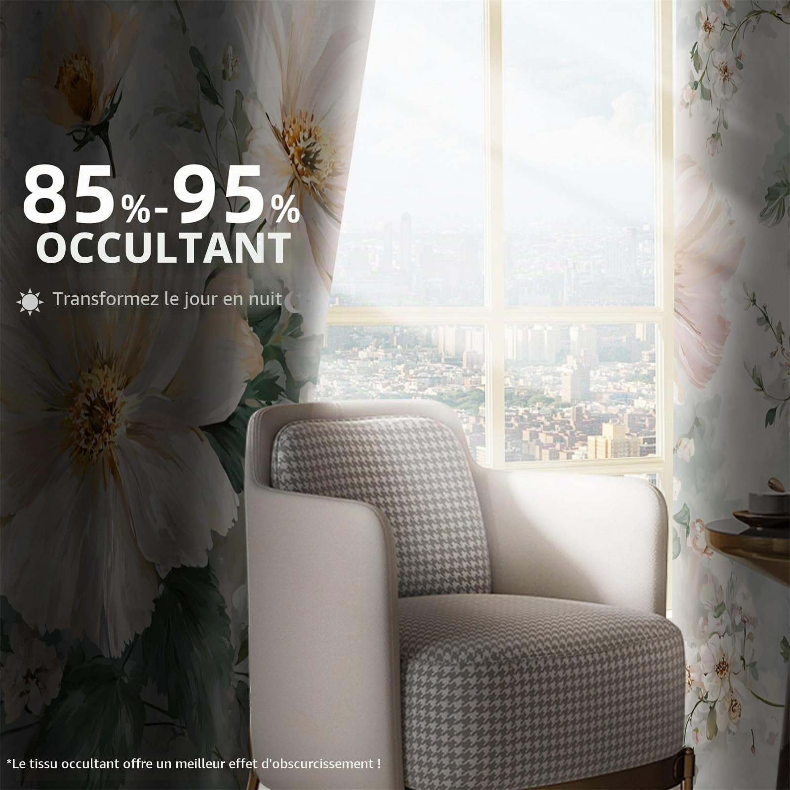 Rideaux occultants à Fleurs Jaunes 117 x 138 cm Chambre et Salon, Style Moderne et élégant, imprimé Floral, œillets, Isolation Thermique, Protection de l'intimité, 2 Panneaux