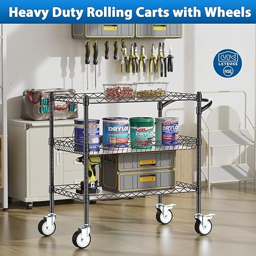 Miniatura 2 de Leteuke 3 Tier Rolling Carts with Wheels, Heavy Duty Rolling Utility Cart,NSF Commercial Grade Metal Cart with Handle&Shelf Liner,Trolley Serving